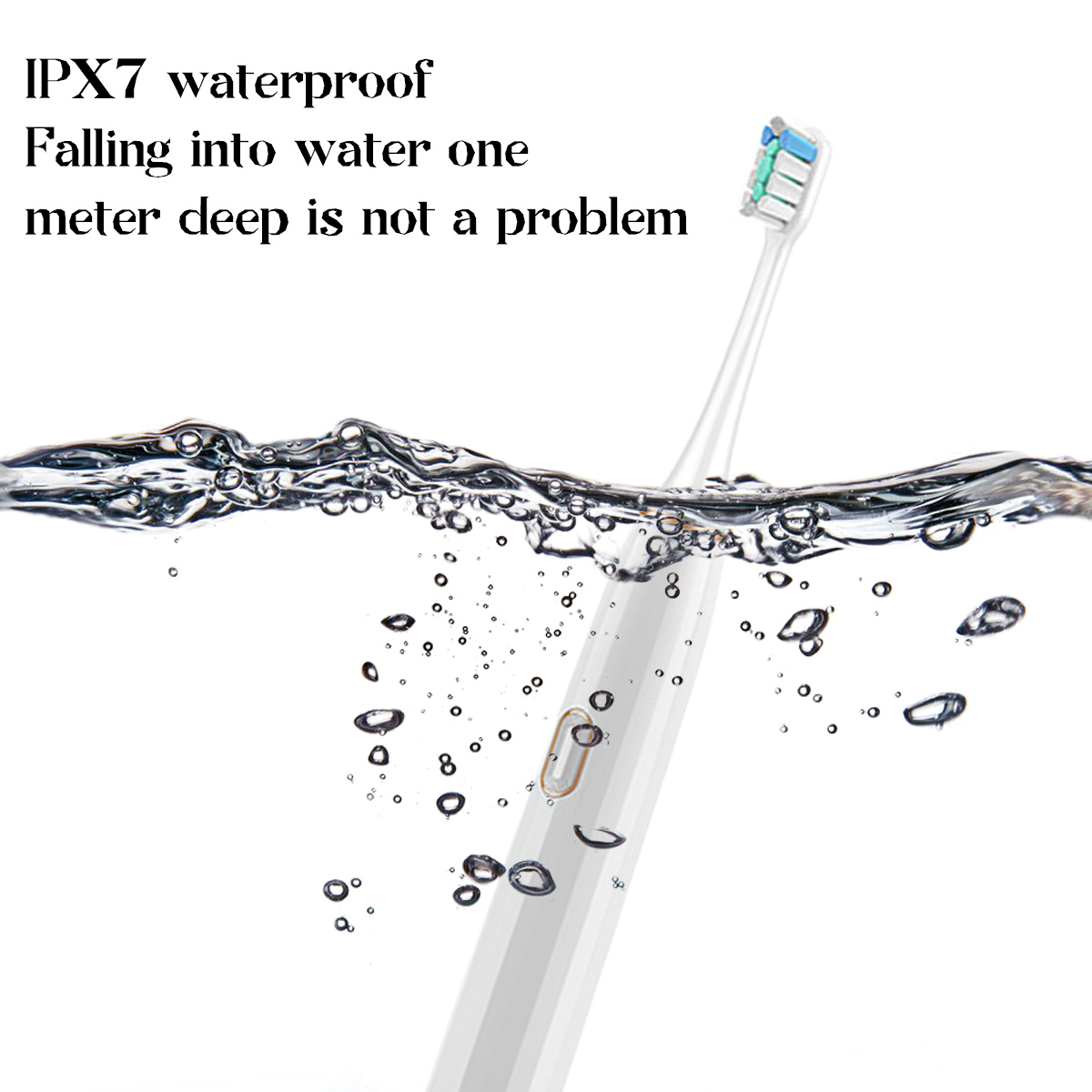 Eine weiße elektrische Zahnbürste in Wasser getaucht, mit aufsteigenden Blasen. Text besagt, dass sie wasserdicht ist. Der Bürstenkopf hat blaue und grüne Borsten.