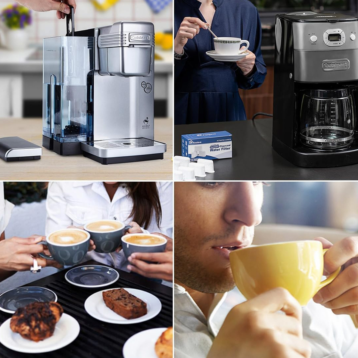 Eine Collage mit Kaffeemaschine, Kaffeetassen, einer Person, die Kaffee trinkt, und Kaffeefiltern. Alles rund um Kaffee.