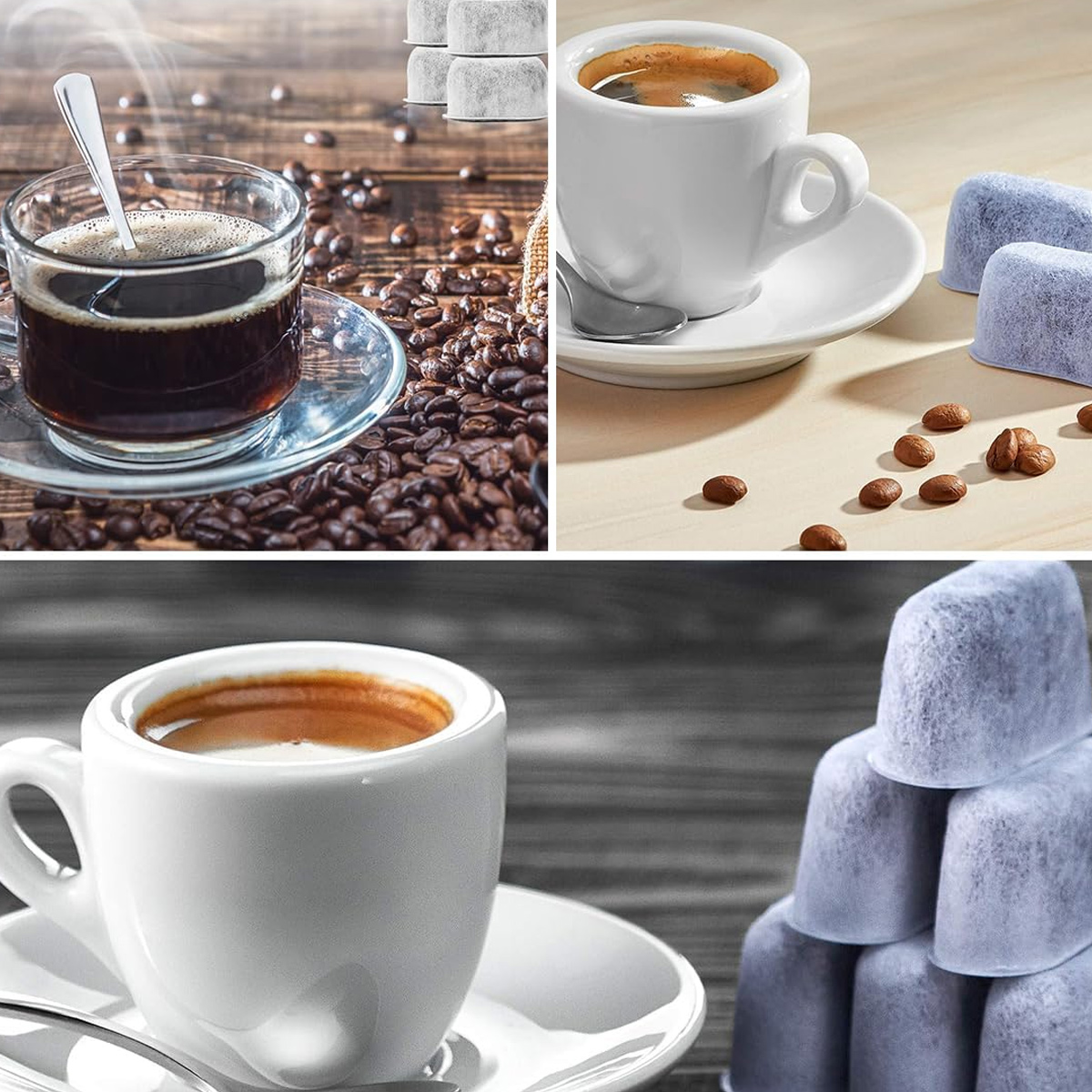Das Bild zeigt Kaffeetassen, Kaffeebohnen und Kaffeefilter. Eine Tasse ist durchsichtig, andere sind weiß. Kaffeebohnen umgeben einige.