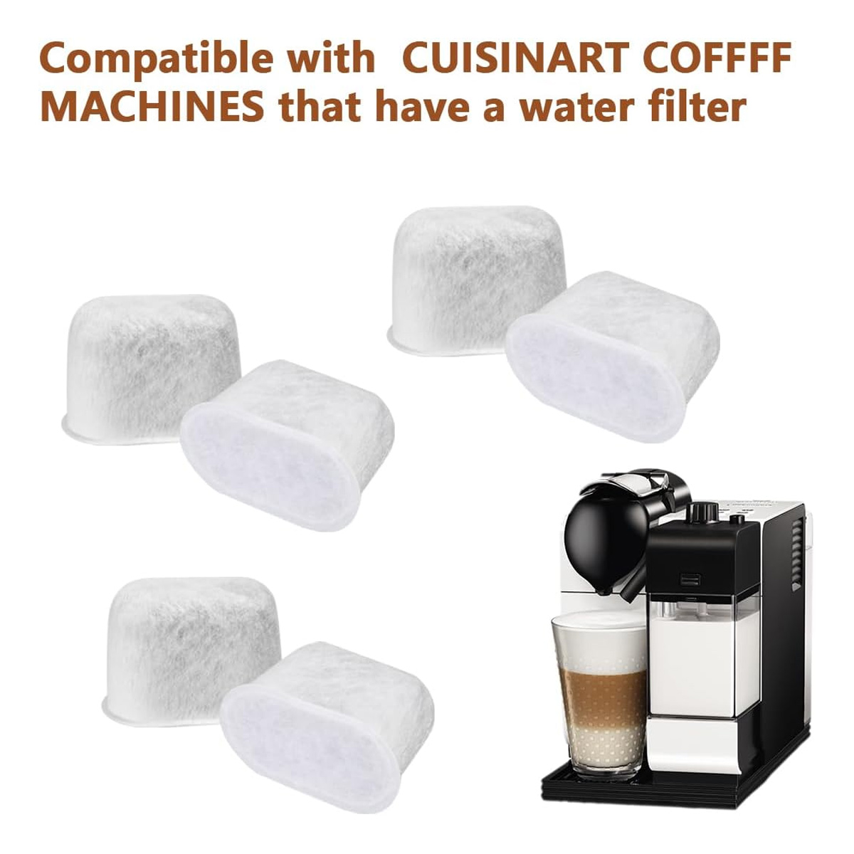 Das Bild zeigt Kaffeefilter und eine Kaffeemaschine. Der Text gibt die Kompatibilität mit Cuisinart-Kaffeemaschinen mit Wasserfiltern an.