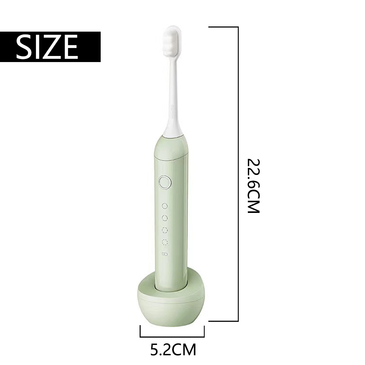 Eine elektrische Zahnbürste, mintgrün, mit Größenangaben. Sie hat eine Ladestation und ist 22,6 cm hoch und 5,2 cm breit.