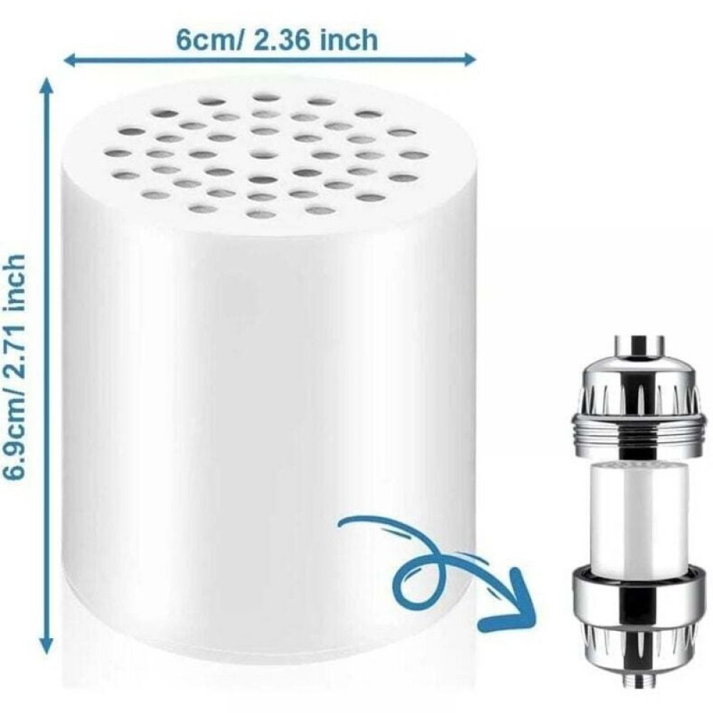 Ein weißer Wasserfilter mit Abmessungen und einem Pfeil, der auf eine zerlegte Filterkomponente zeigt. Der Filter hat Löcher.