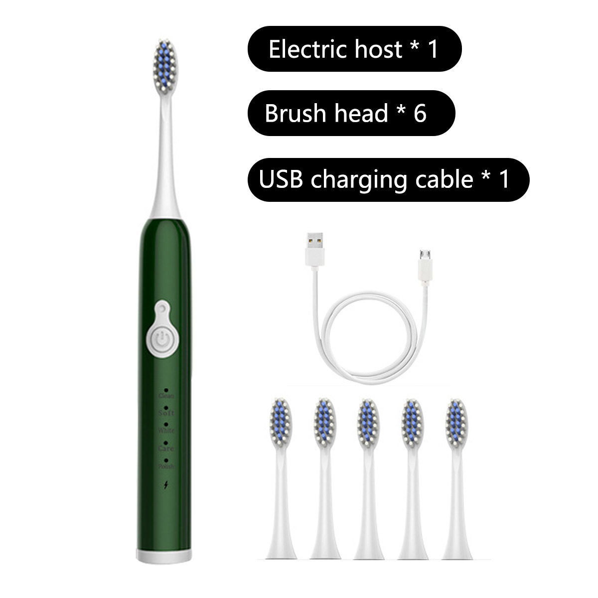 Ein elektrisches Zahnbürstenset. Es enthält einen grünen Host, 6 Bürstenköpfe und ein USB-Ladekabel, alles auf weißem Hintergrund.