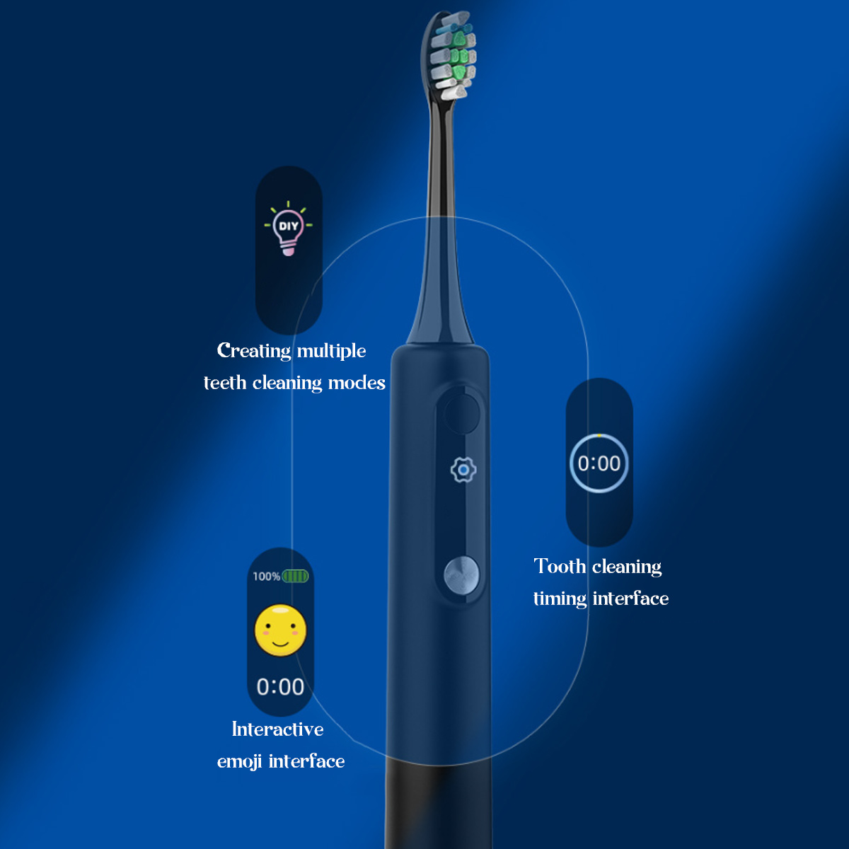 Eine elektrische Zahnbürste mit verschiedenen Funktionen: DIY-Modi, Timer und Emoji-Oberfläche. Sie hat einen blauen Körper und einen Bürstenkopf.