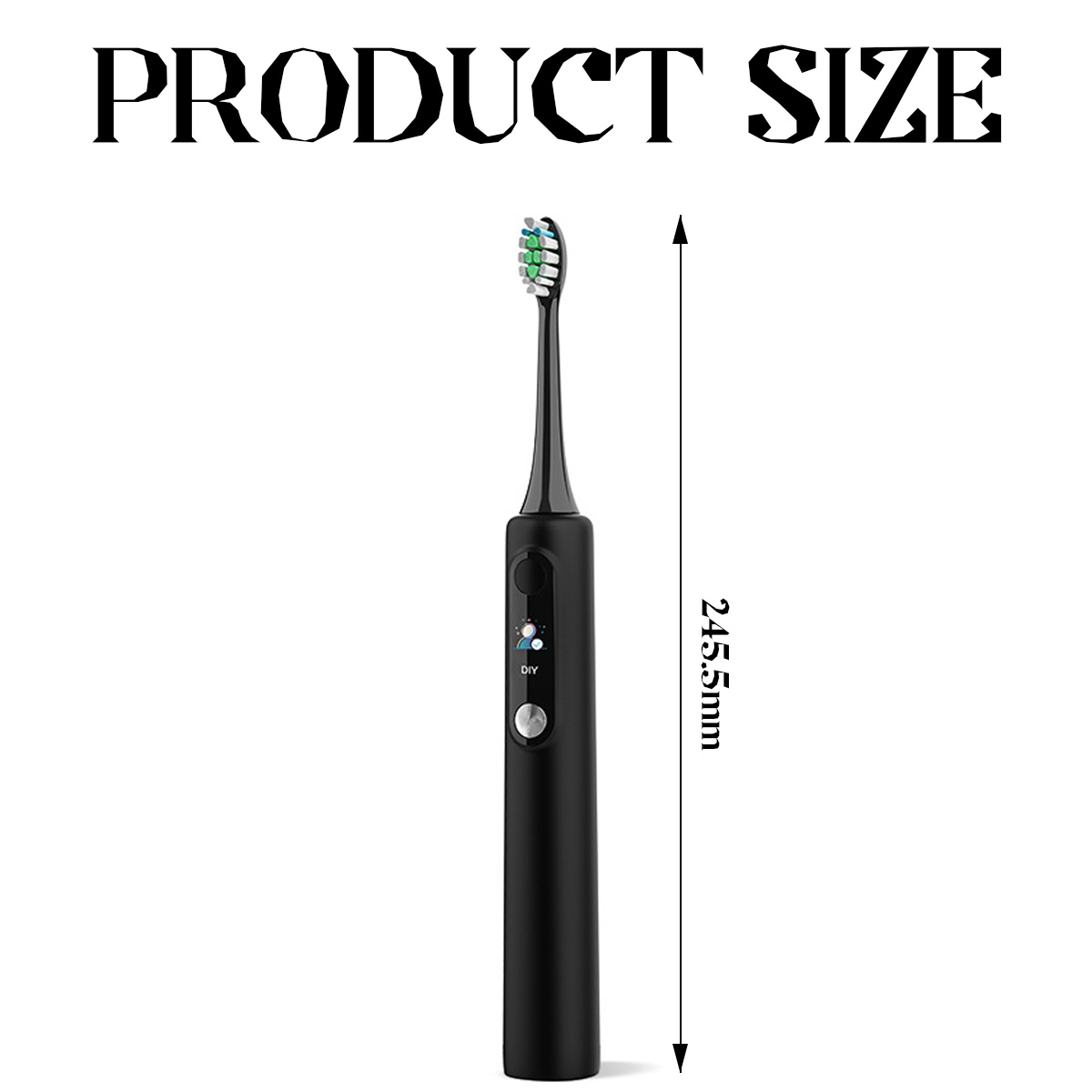 Eine schwarze elektrische Zahnbürste mit grünen Borsten. Text: 'PRODUCT SIZE' und '245,5 mm' für die Länge.