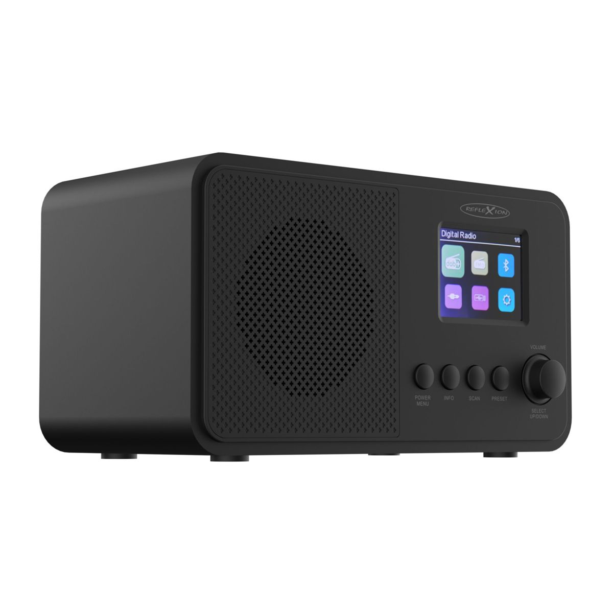 Schwarzes Digitalradio mit Bildschirm, Knöpfen und Lautstärkeregler. Der Bildschirm zeigt die Radiooptionen an. Die Marke ist REFLEXION.