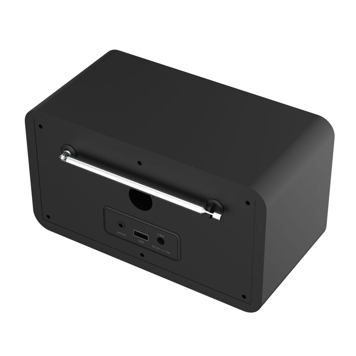 Ein schwarzes rechteckiges Radio mit einer silbernen Antenne, AUX-, USB- und DC-Eingängen. Der Hintergrund ist weiß.