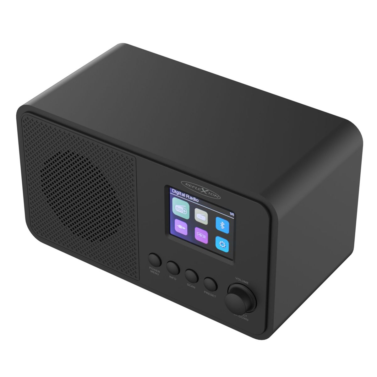 Schwarzes Digitalradio. Es hat einen Bildschirm, Knöpfe und einen Lautstärkeregler. Das Lautsprechergitter ist links.