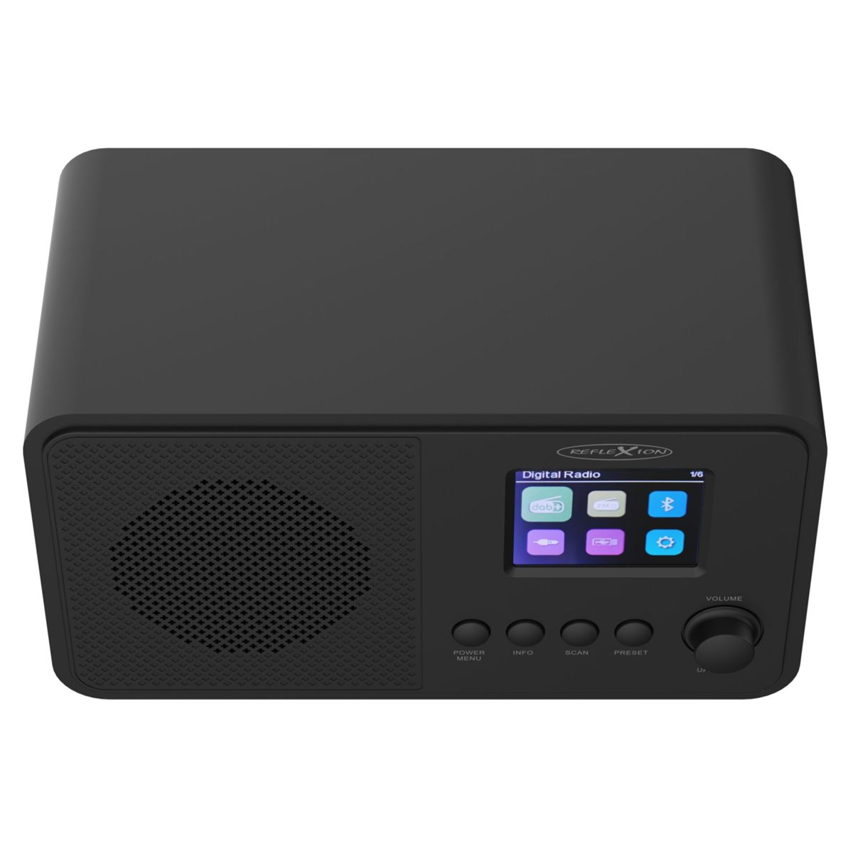 Ein schwarzes Digitalradio mit einem Bildschirm, der verschiedene Symbole, Tasten und einen Lautstärkeregler anzeigt. Die Marke ist Reflexion.