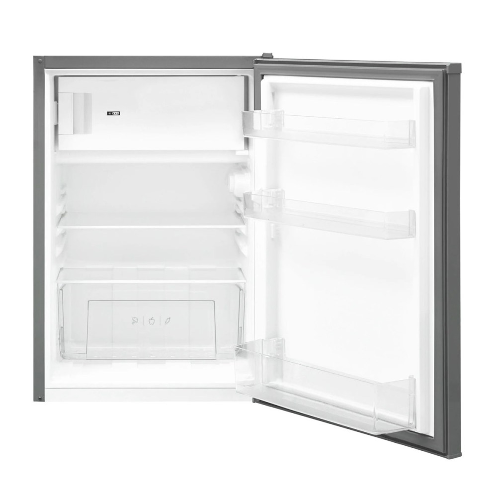 Otwarta lodówka, widoczne wnętrze. Ma półki i szufladę. Drzwi są otwarte.