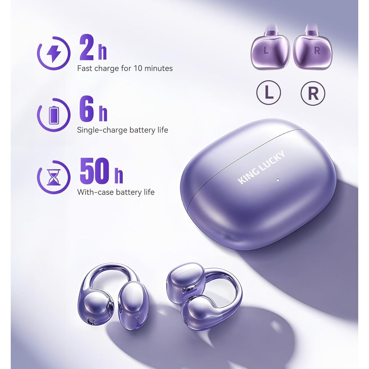 Auricolari wireless viola con custodia di ricarica e ganci per le orecchie. Mostra i dettagli di ricarica e durata della batteria. Marchio 'King Lucky'.