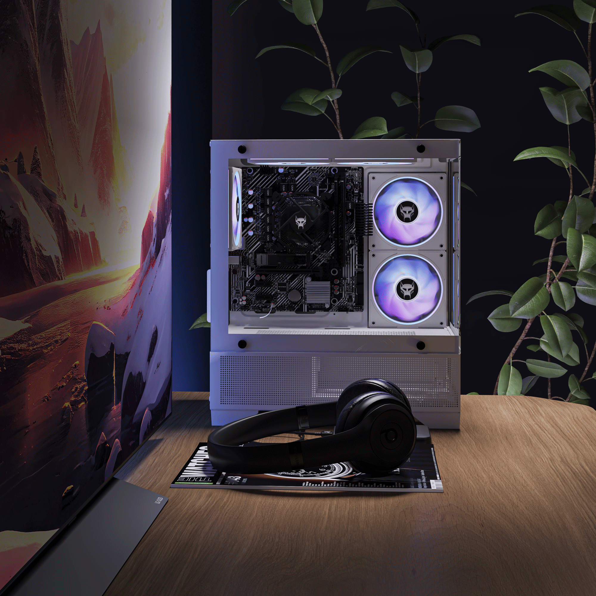 Obudowa komputera stoi na drewnianym biurku ze słuchawkami i czasopismem. Monitor i rośliny są w tle.