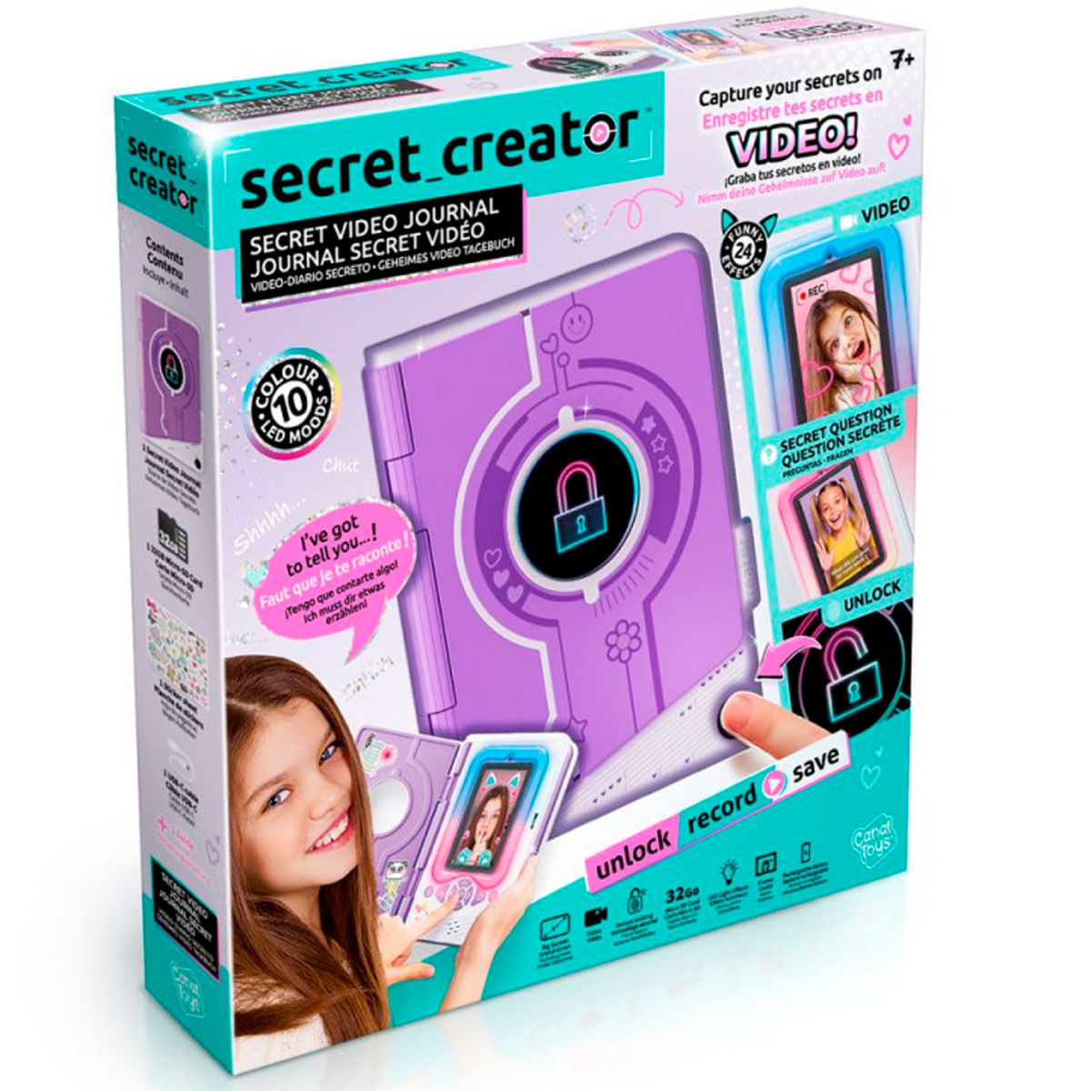 Una caja para un diario de video secreto. Tiene una tapa morada con un candado. Una niña sonríe y sostiene el diario.