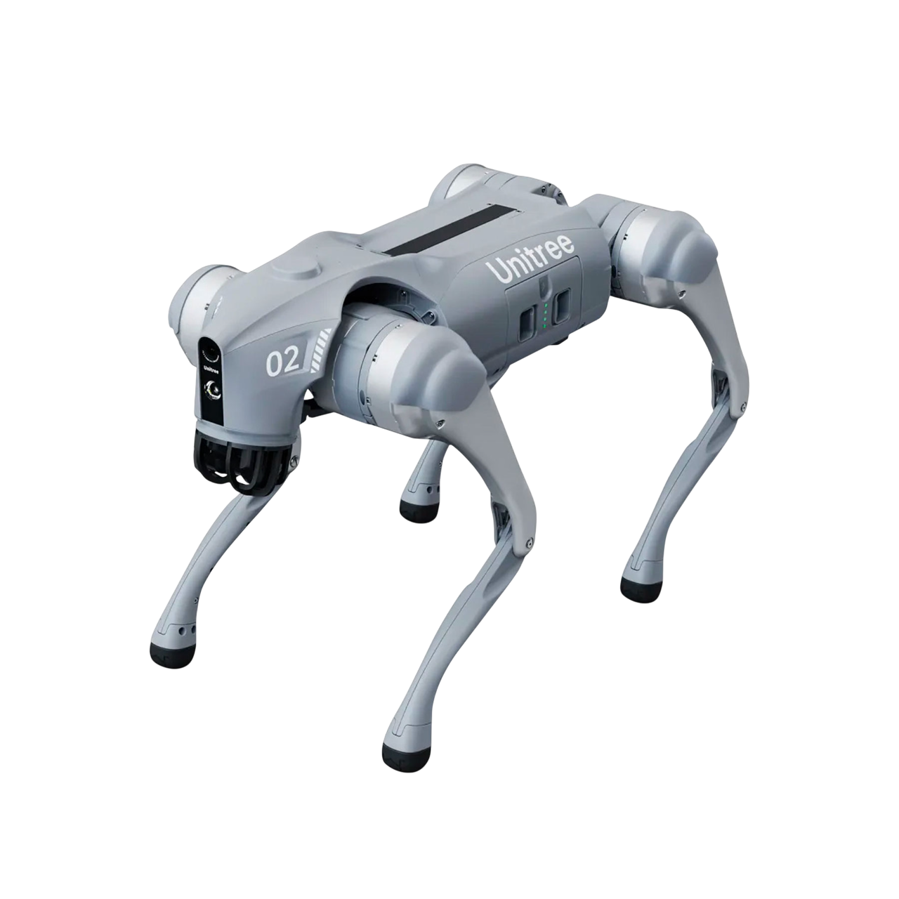 Un perro robot Unitree gris sobre fondo negro. Tiene cuatro patas, un cuerpo central y el logo 'Unitree' es visible.