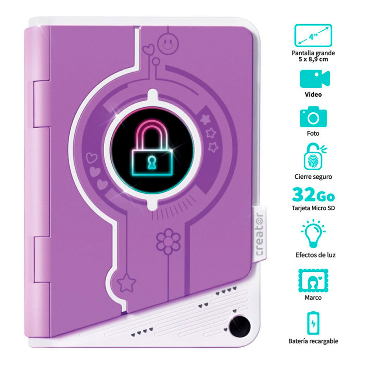Un diario morado con diseño de candado. Incluye pantalla, video, foto, cierre seguro, Micro SD de 32GB y efectos de luz.