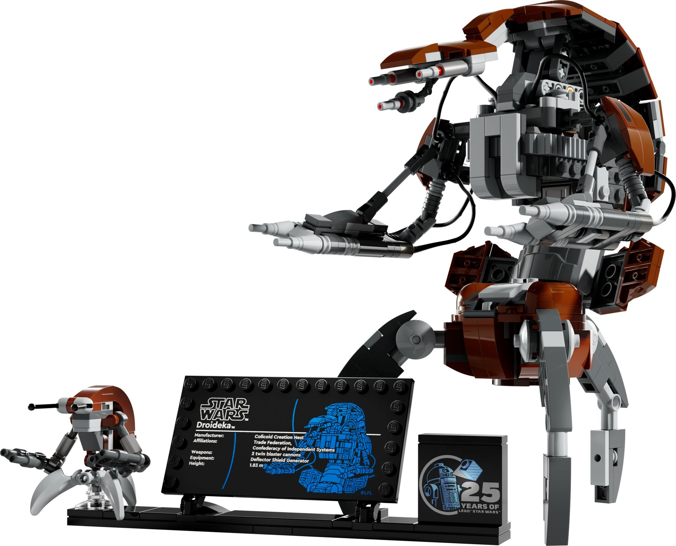 LEGO Star Wars Droideka Modell, braun und grau. Enthält ein kleines Modell, eine Info-Tafel und ein 25 Jahre Logo.