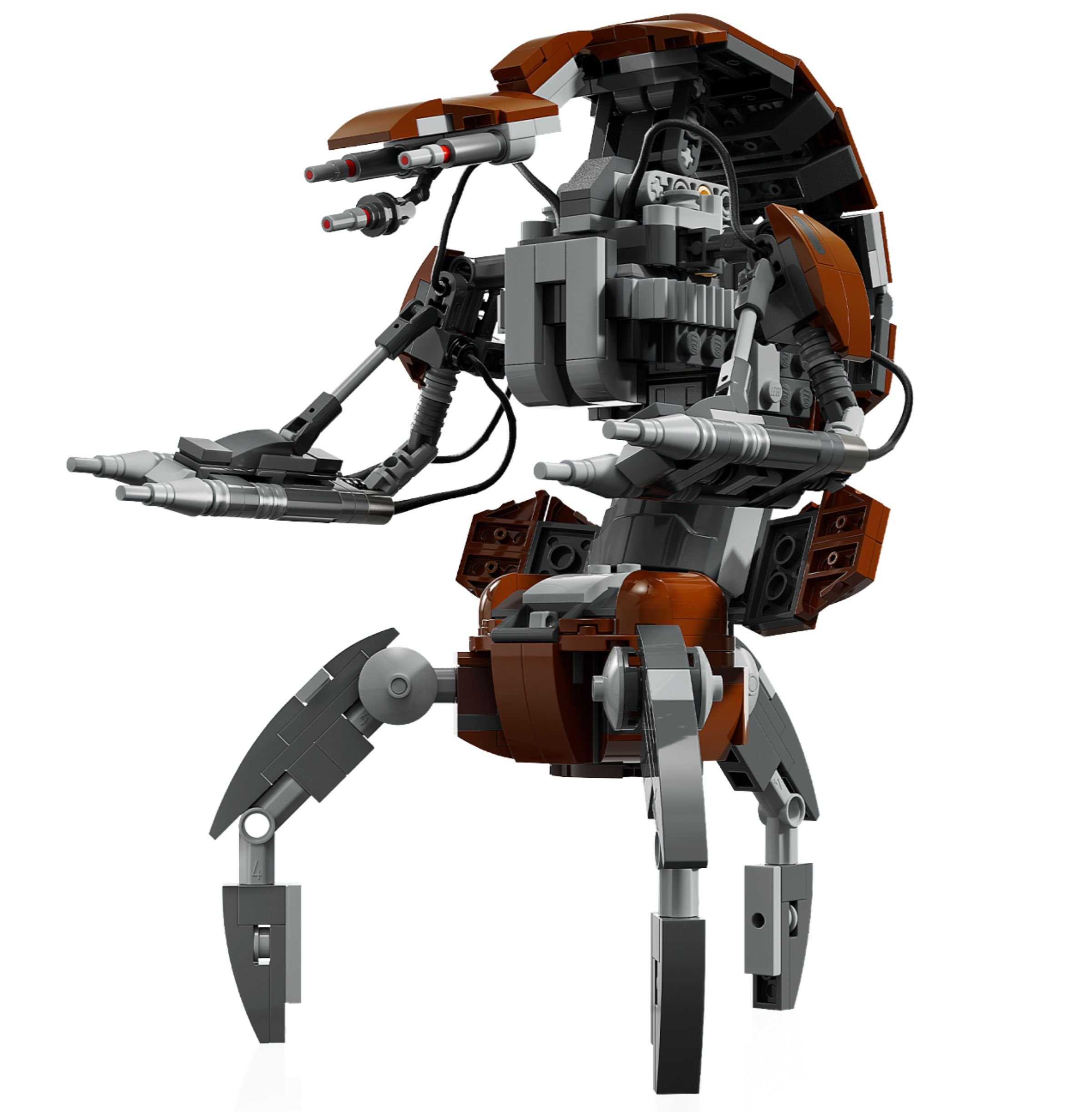 Lego-Modell eines Separatisten-Droiden. Es hat braune und graue Teile, mit drei Beinen und zwei Armen.