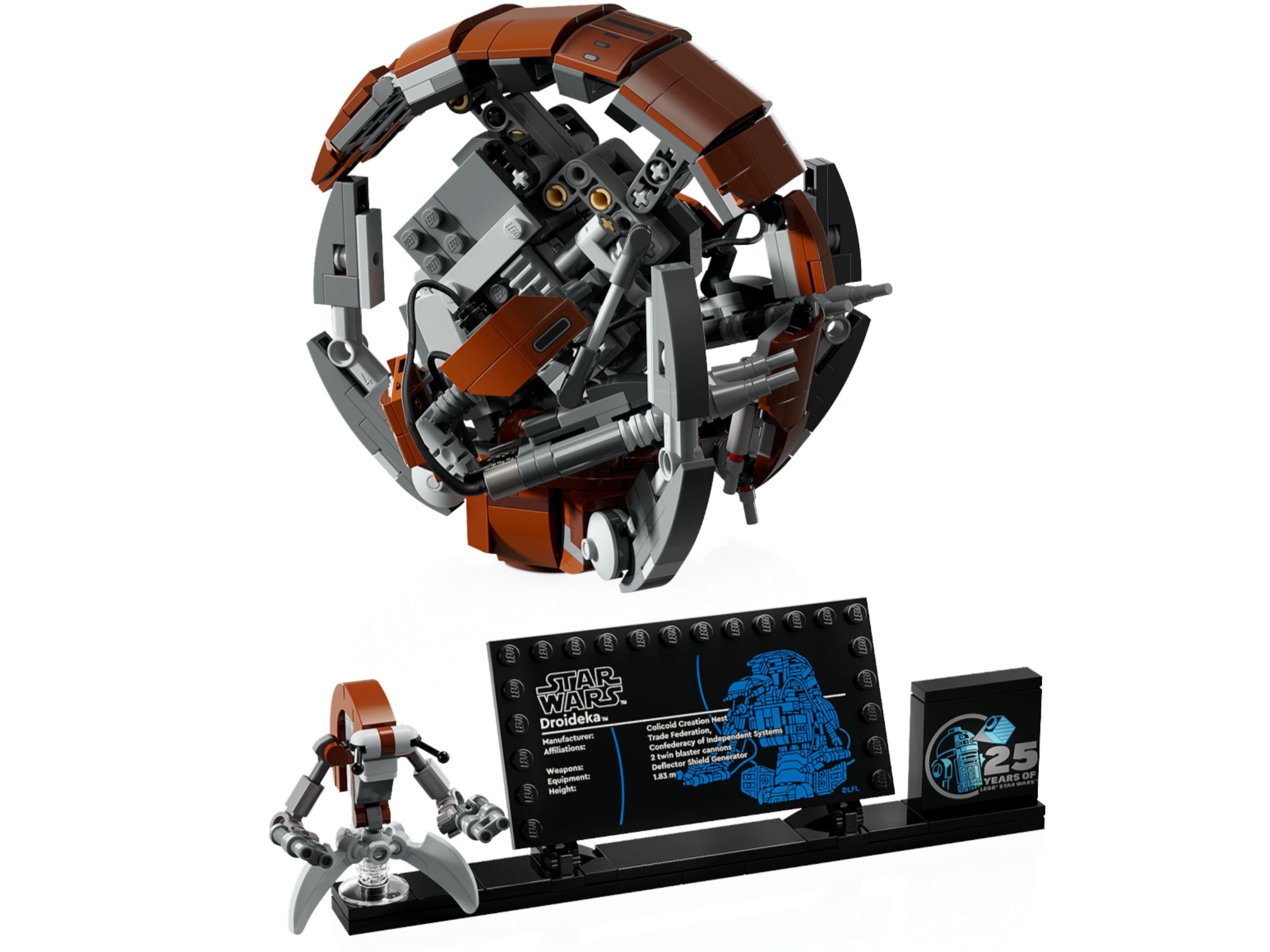 Ein Star Wars Droideka LEGO-Set. Es enthält ein Modell des Droiden, einen Ausstellungsständer und ein 25 Jahre LEGO Star Wars-Emblem.