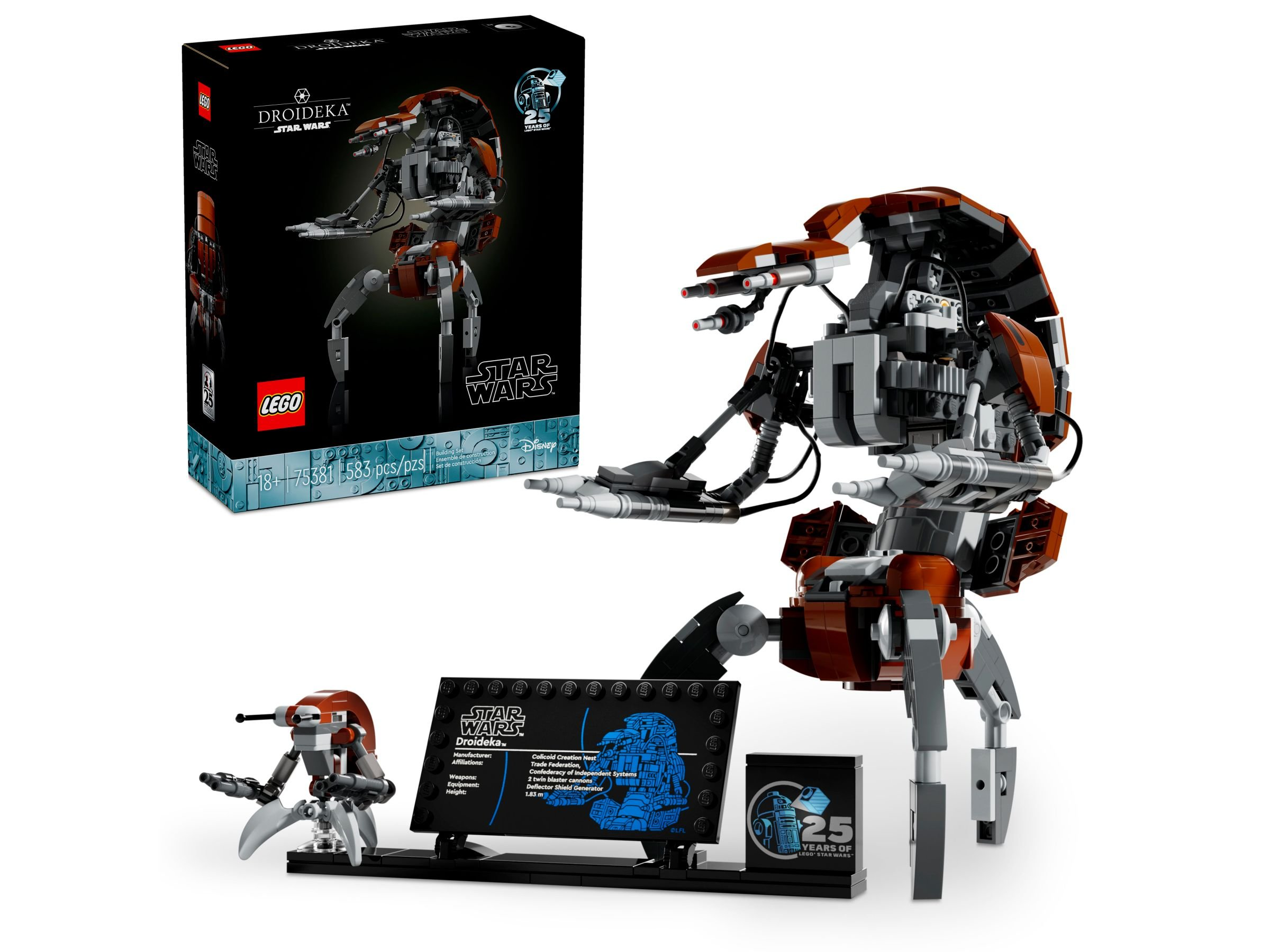 Ein LEGO Star Wars Droidika Set. Es zeigt ein großes Modell, ein kleines Modell und eine schwarze Informationstafel.