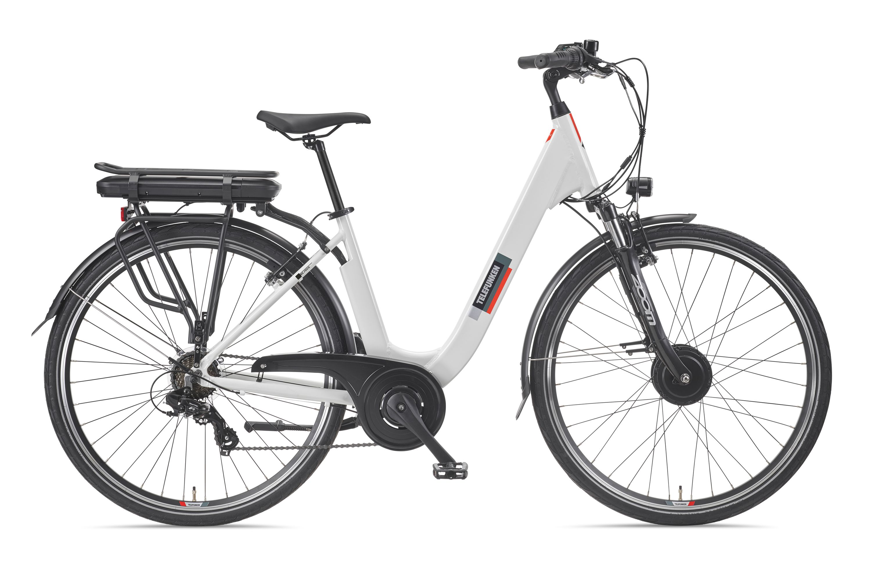 Ein weißes Telefunken-Elektrofahrrad. Es hat schwarze Reifen, Sitz und Details. Der Hintergrund ist weiß.
