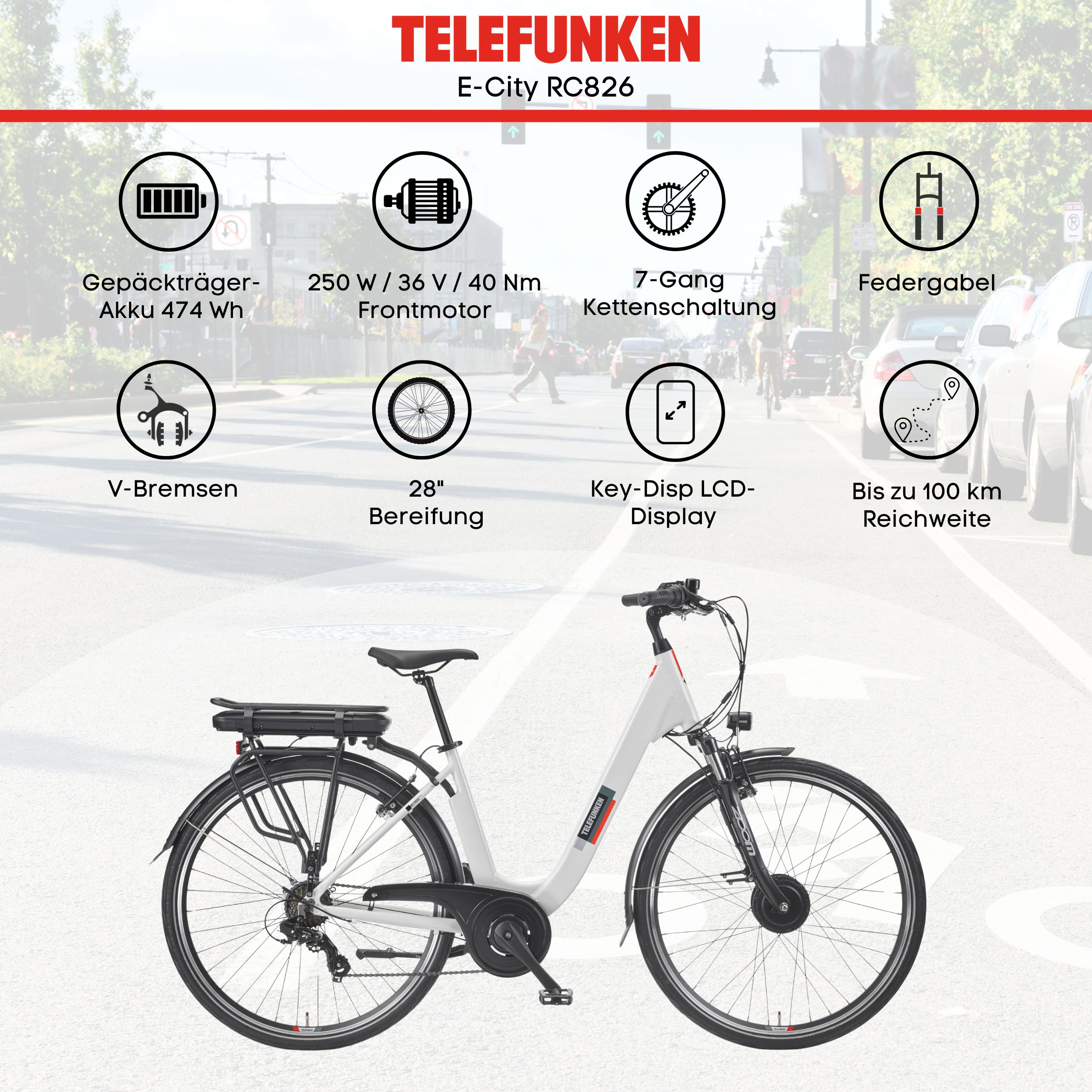 Ein Elektrofahrrad, weißer Rahmen, schwarze Reifen, mit Text und Symbolen zu den Eigenschaften des Fahrrads.