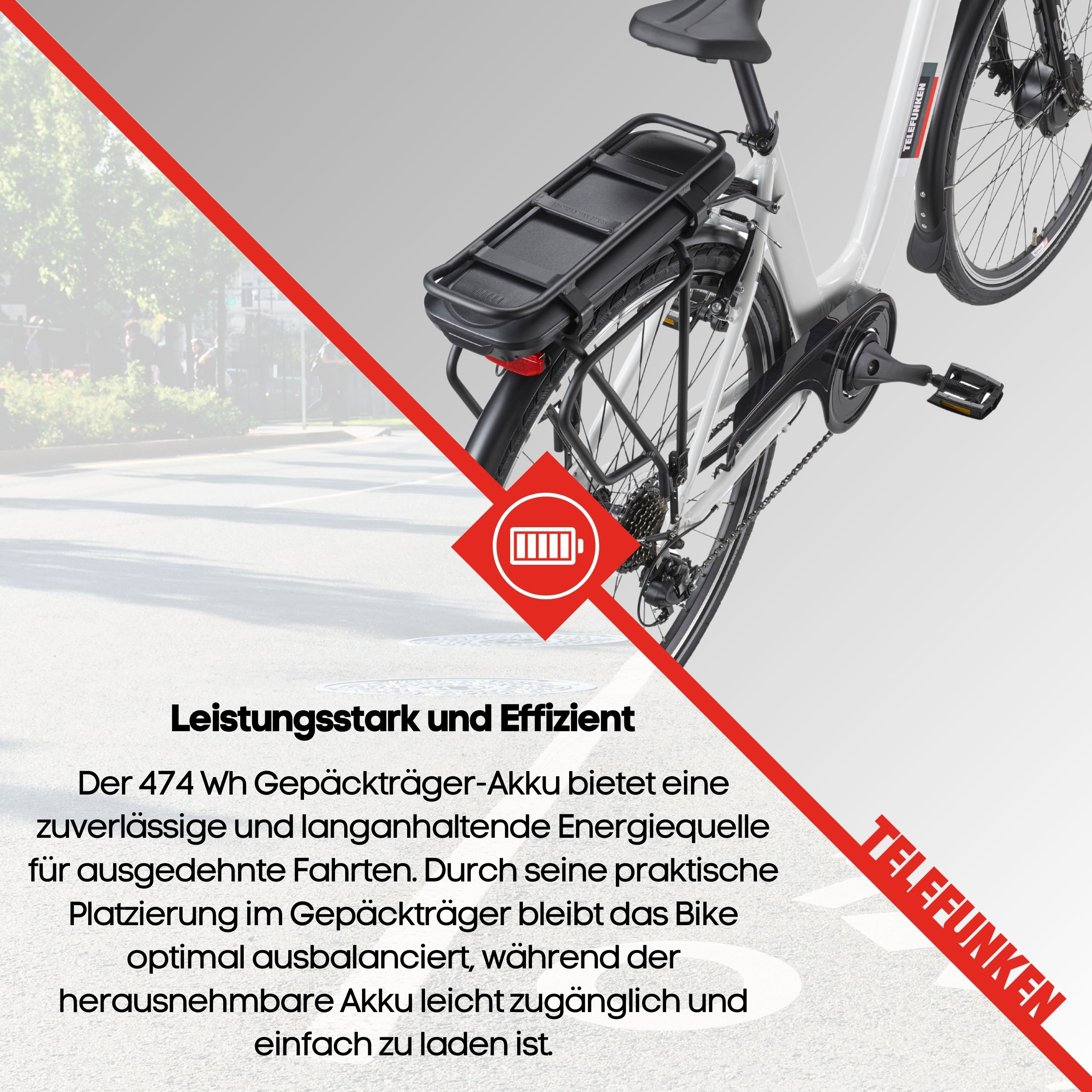 Weißes Elektrofahrrad mit schwarzen Komponenten. Rote Akzente und Text. Batterie-Symbol. Die Marke ist TELEFUNKEN.