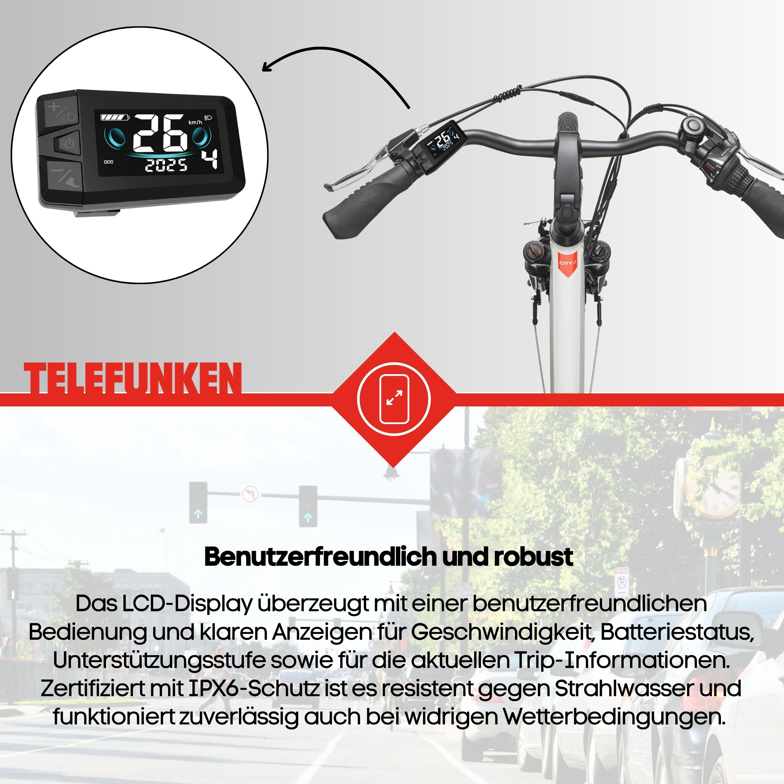 Das Display eines E-Bikes zeigt 26 km/h, Distanz 2025 und Stufe 4 an. Der Hintergrund zeigt eine Straße.