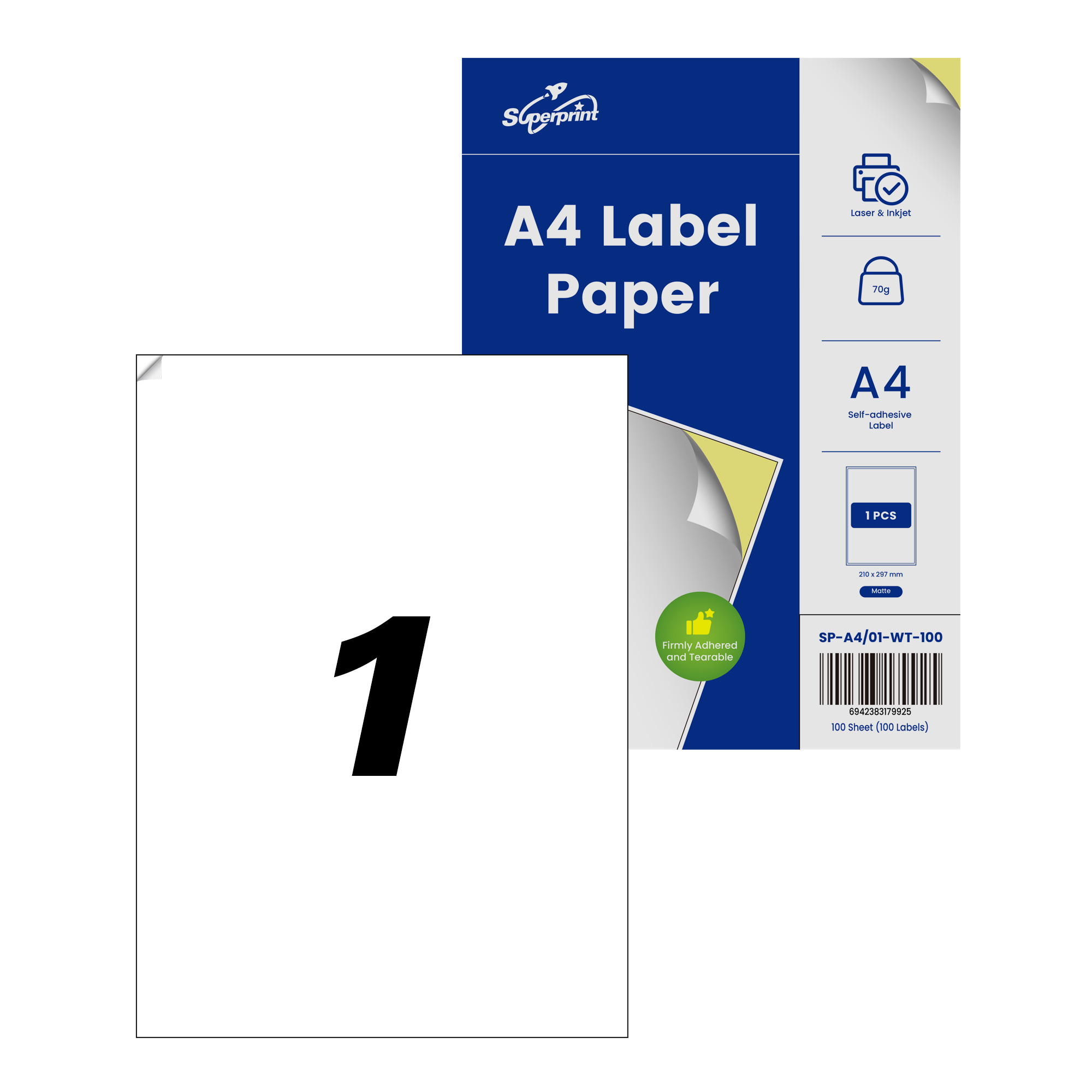 Etikettenpapierverpackung. Weißes Blatt mit großem schwarzem '1'. Blaue und weiße Verpackung mit Produktdetails.