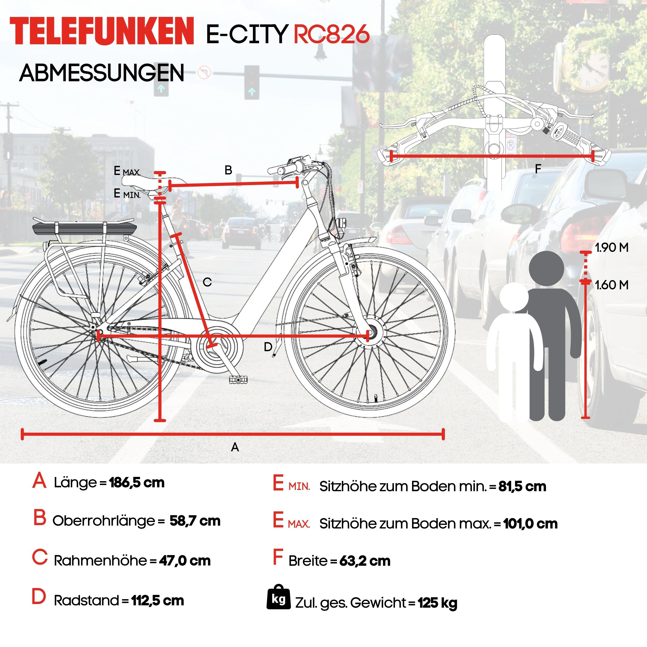 Diagramm eines E-Bikes mit Maßangaben. Enthält eine Fahrradskizze und Größenvergleichszahlen.