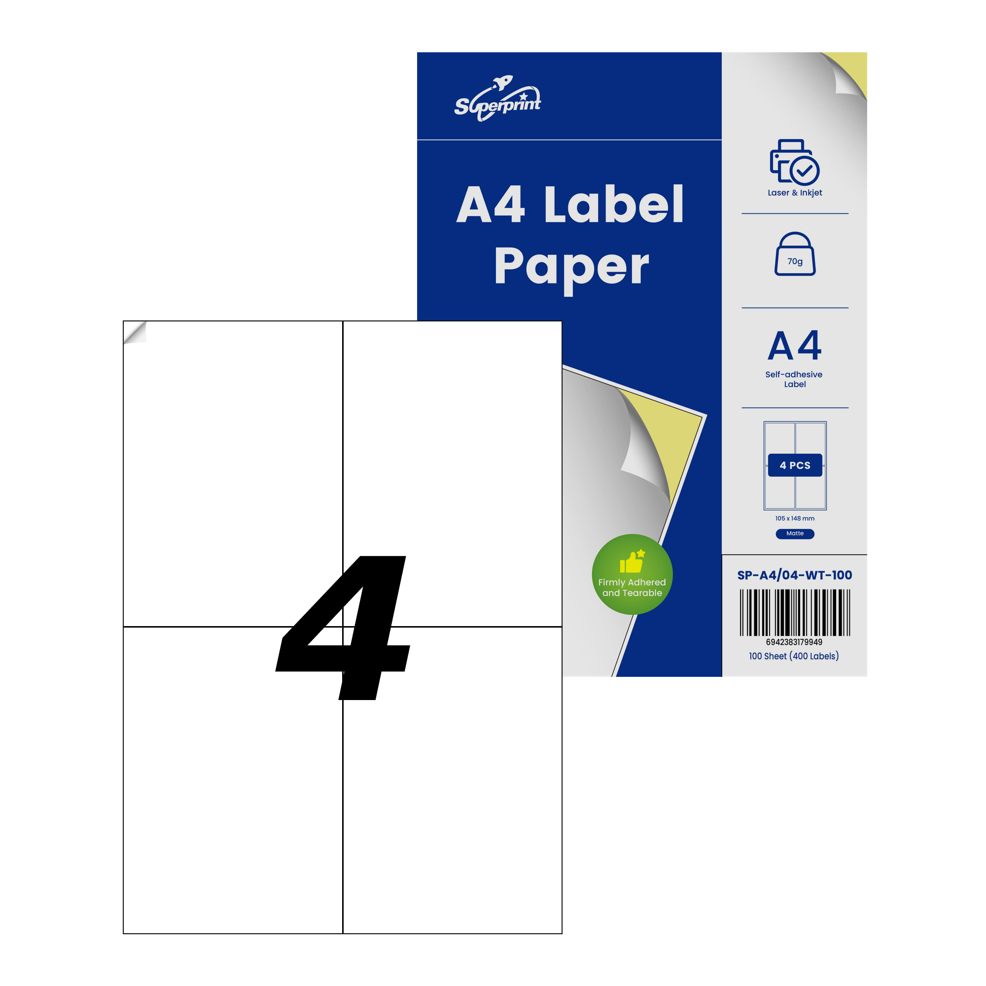 Ein Bogen A4-Etikettenpapier mit einer großen schwarzen "4". Das Papier hat ein blaues und weißes Etikett.