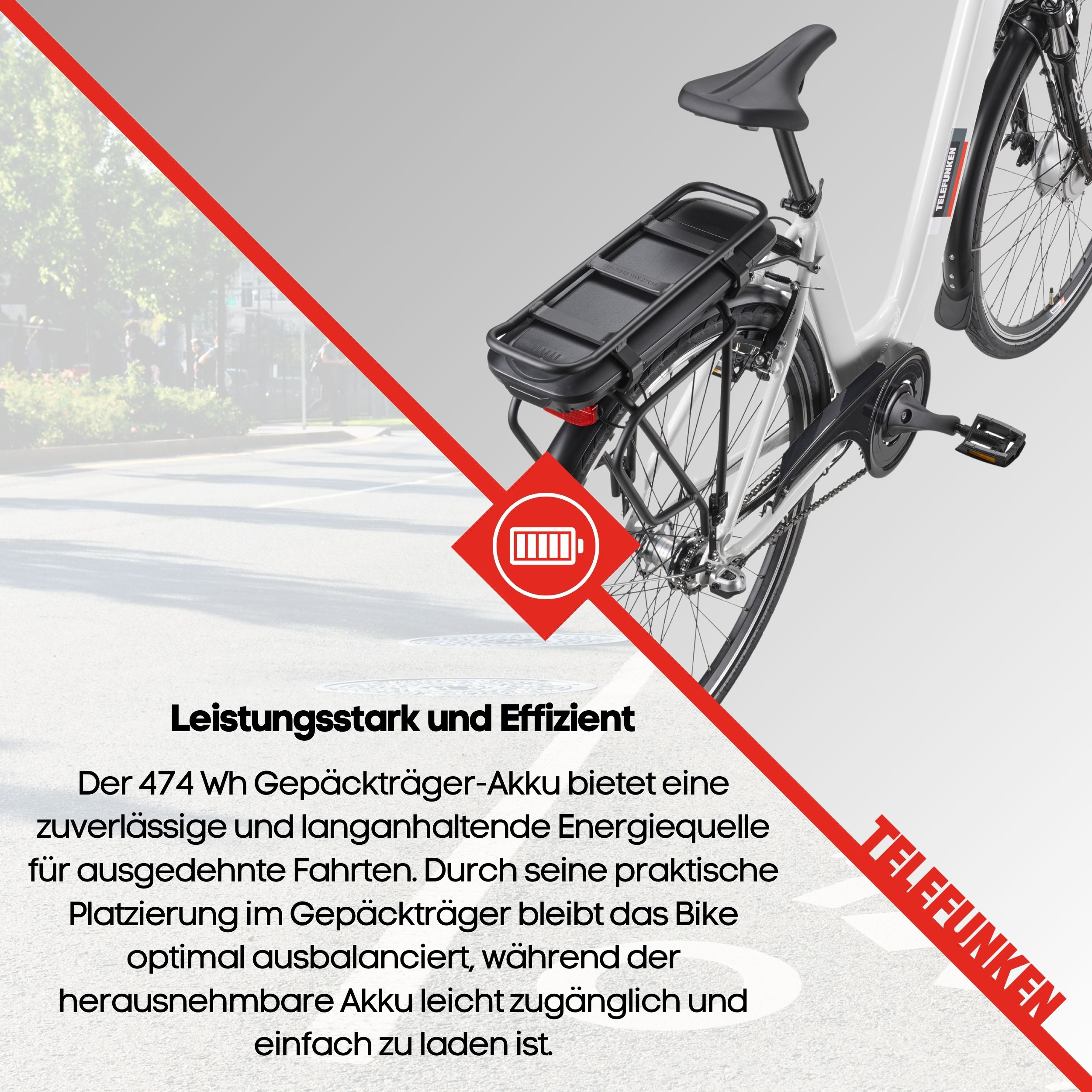 Ein weißes Elektrofahrrad mit schwarzem Gepäckträger und Akku, mit der Marke Telefunken.