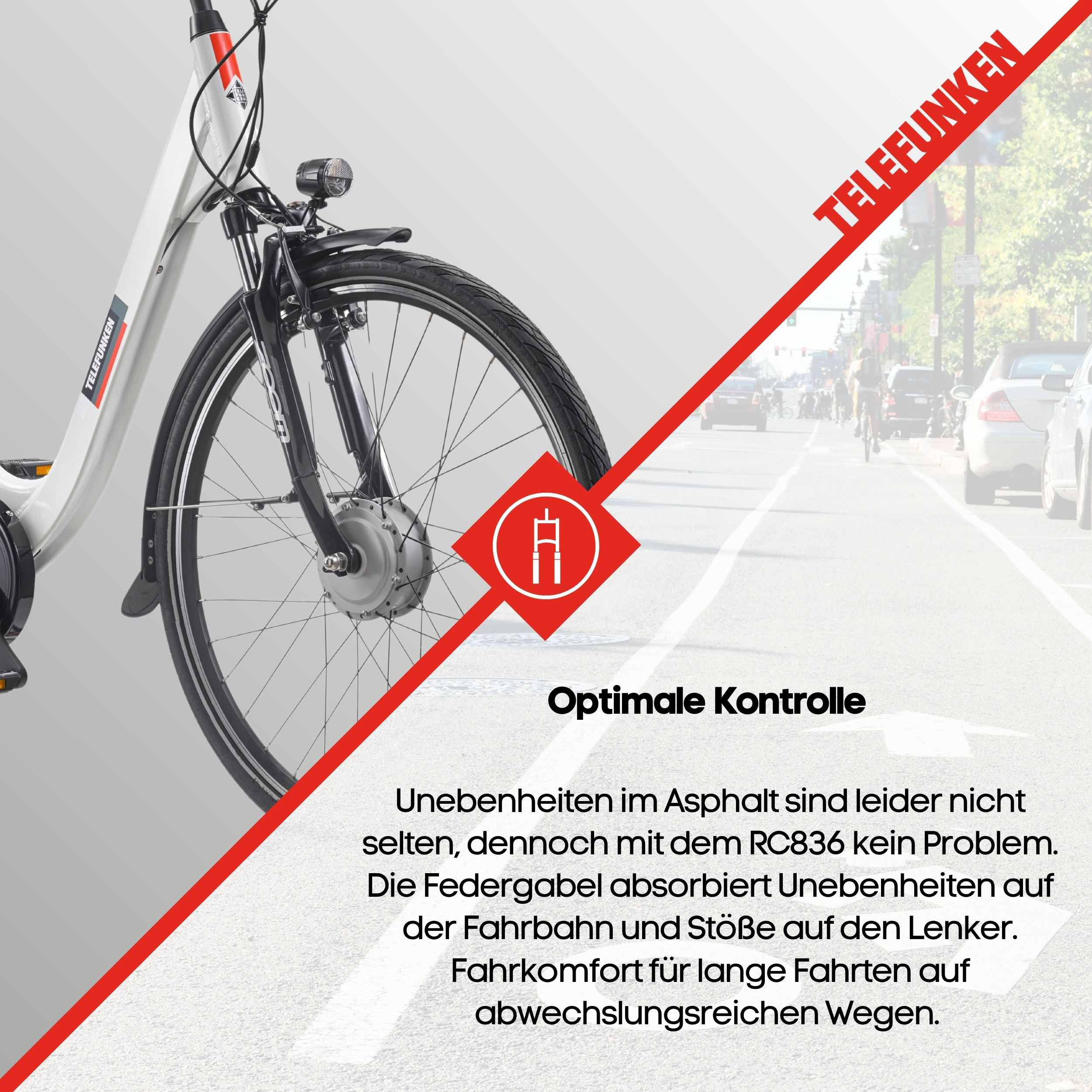 Ein weißes Telefunken-Fahrrad. Das Bild zeigt auch eine rote Diagonallinie und Text auf Deutsch.
