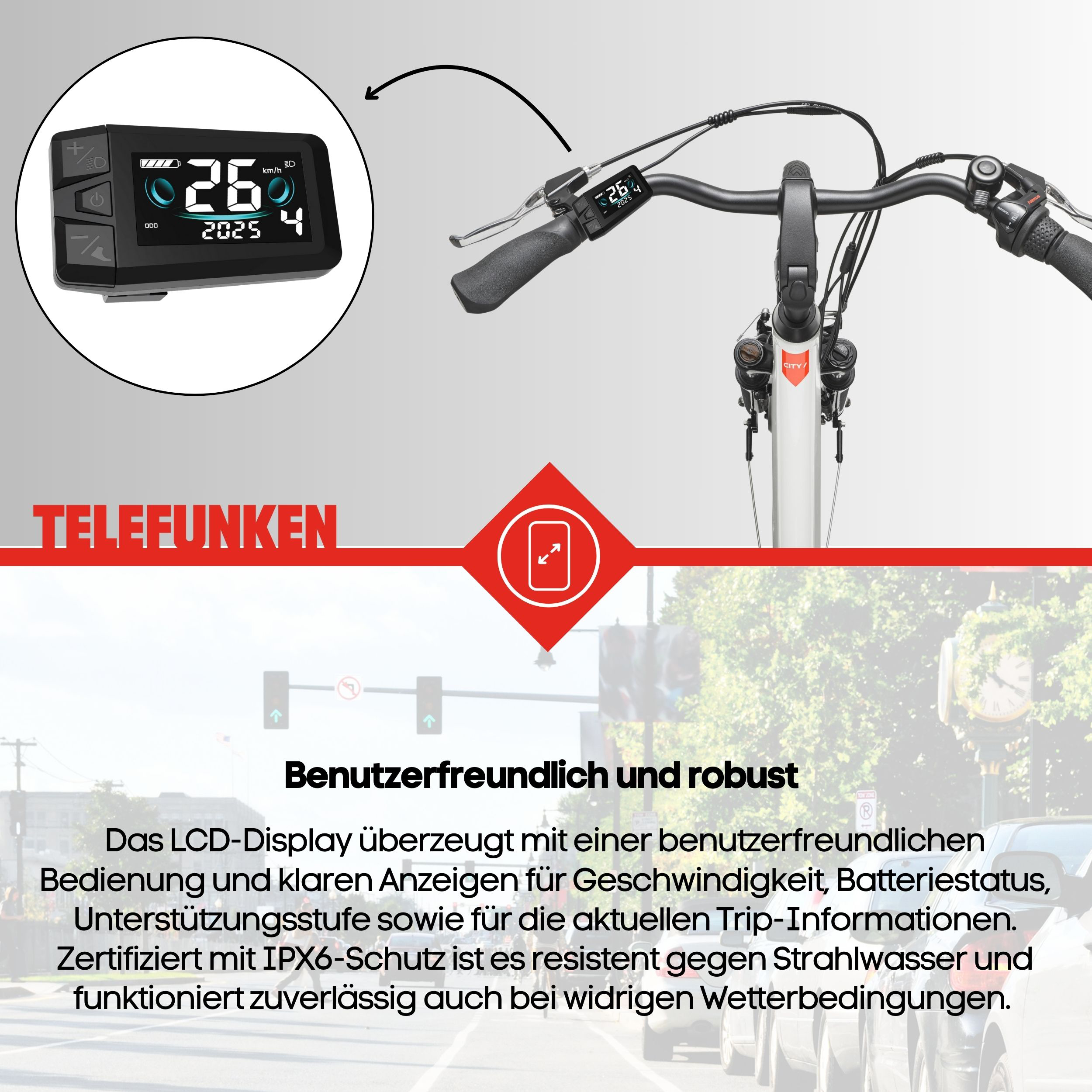 E-Bike-Display zeigt 26 km/h. Fahrradlenker und eine Straßenszene mit Autos im Hintergrund.