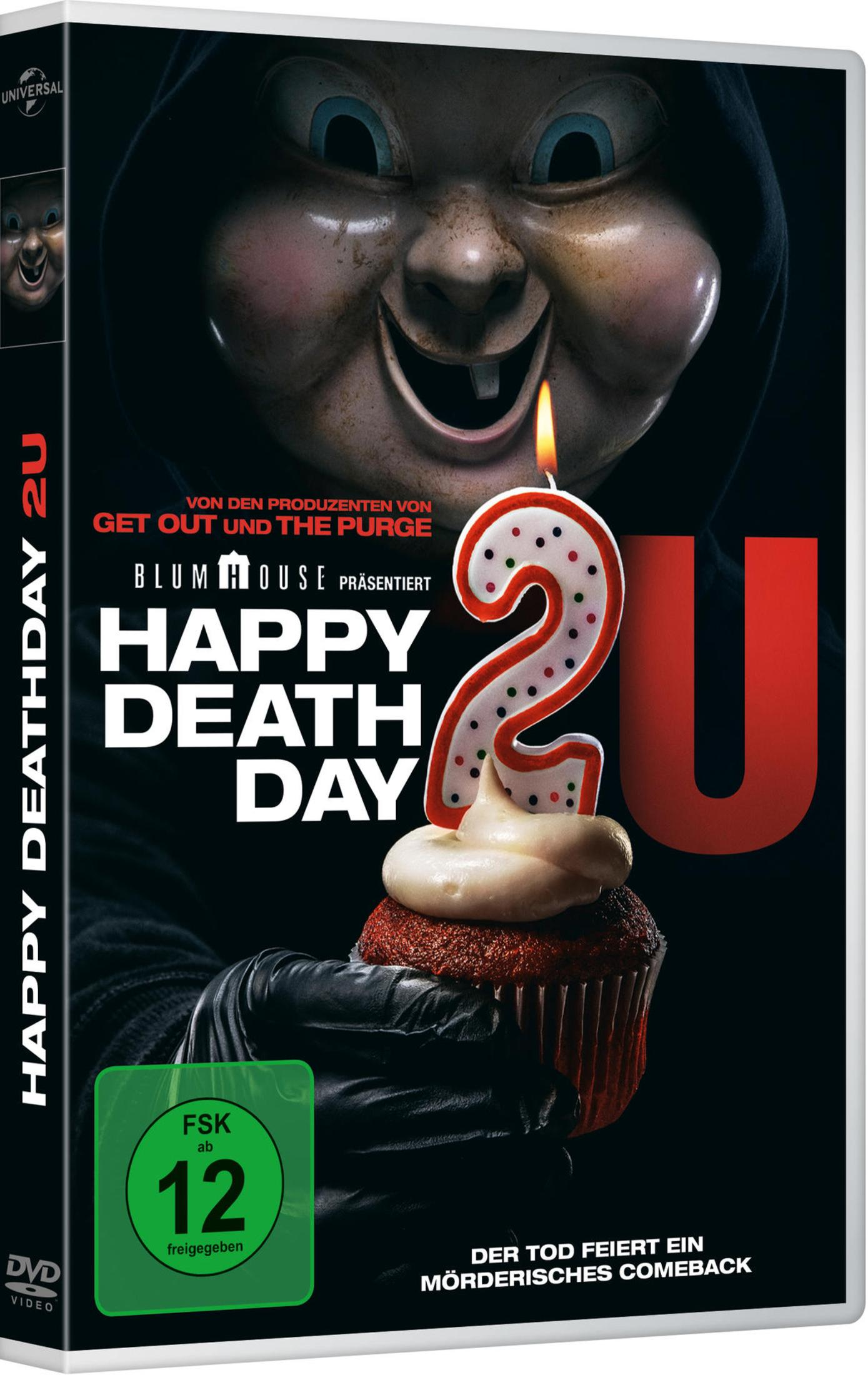 DVD-Cover von 'Happy Death Day 2U'. Eine Maske hält einen Cupcake mit einer '2'-Kerze. Text: Happy Death Day. FSK 12.