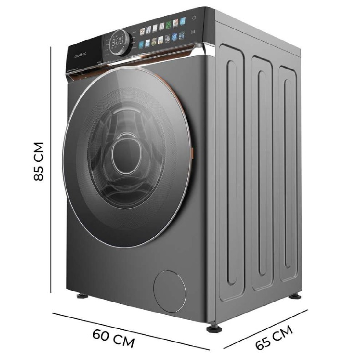 Una lavatrice grigia con porta rotonda e display digitale. Dimensioni: 85 cm altezza, 60 cm larghezza e 65 cm profondità.