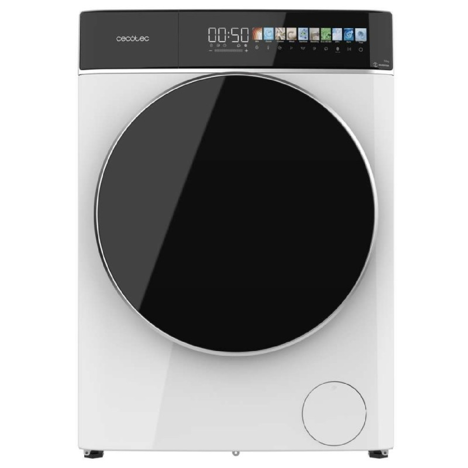 Una lavatrice bianca con un'ampia porta circolare nera. Ha un display digitale che mostra l'ora. Il marchio è visibile.