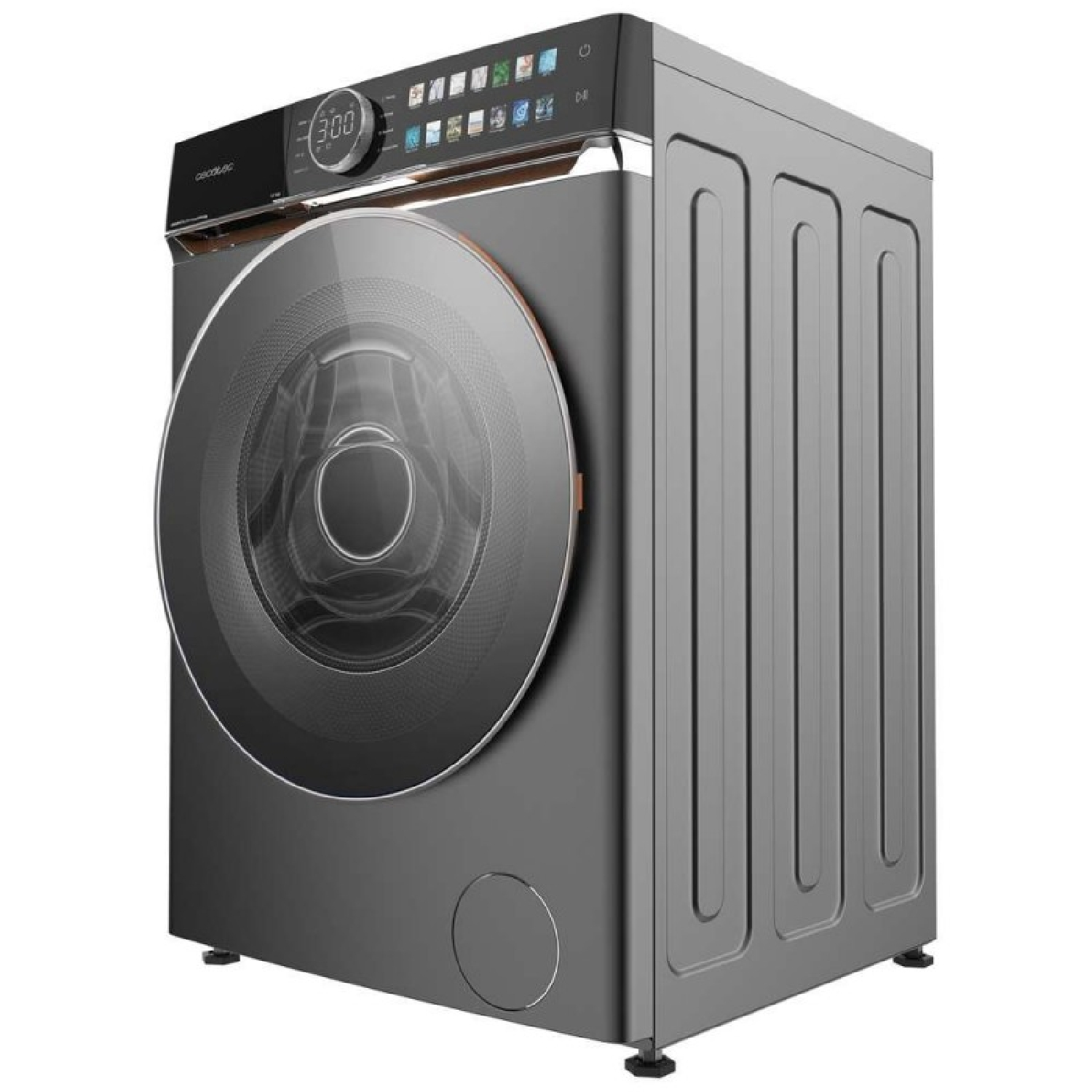 Eine moderne Waschmaschine mit Digitalanzeige und großer, runder Tür. Sie ist dunkelgrau und hat ein elegantes Design.