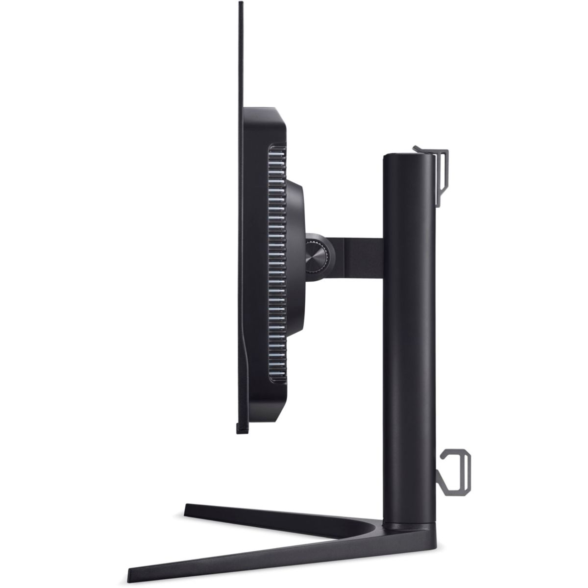 Widok z boku czarnego monitora komputera. Ekran jest cienki z czarnym stojakiem. Stojak ma okrągłą tarczę regulacyjną.