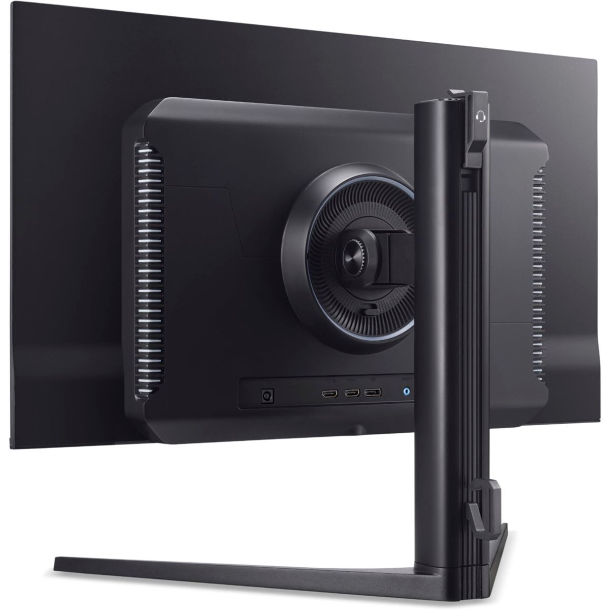Widok z tyłu czarnego monitora komputera. Widoczny jest stojak i tylny panel, a także porty i szczeliny wentylacyjne.