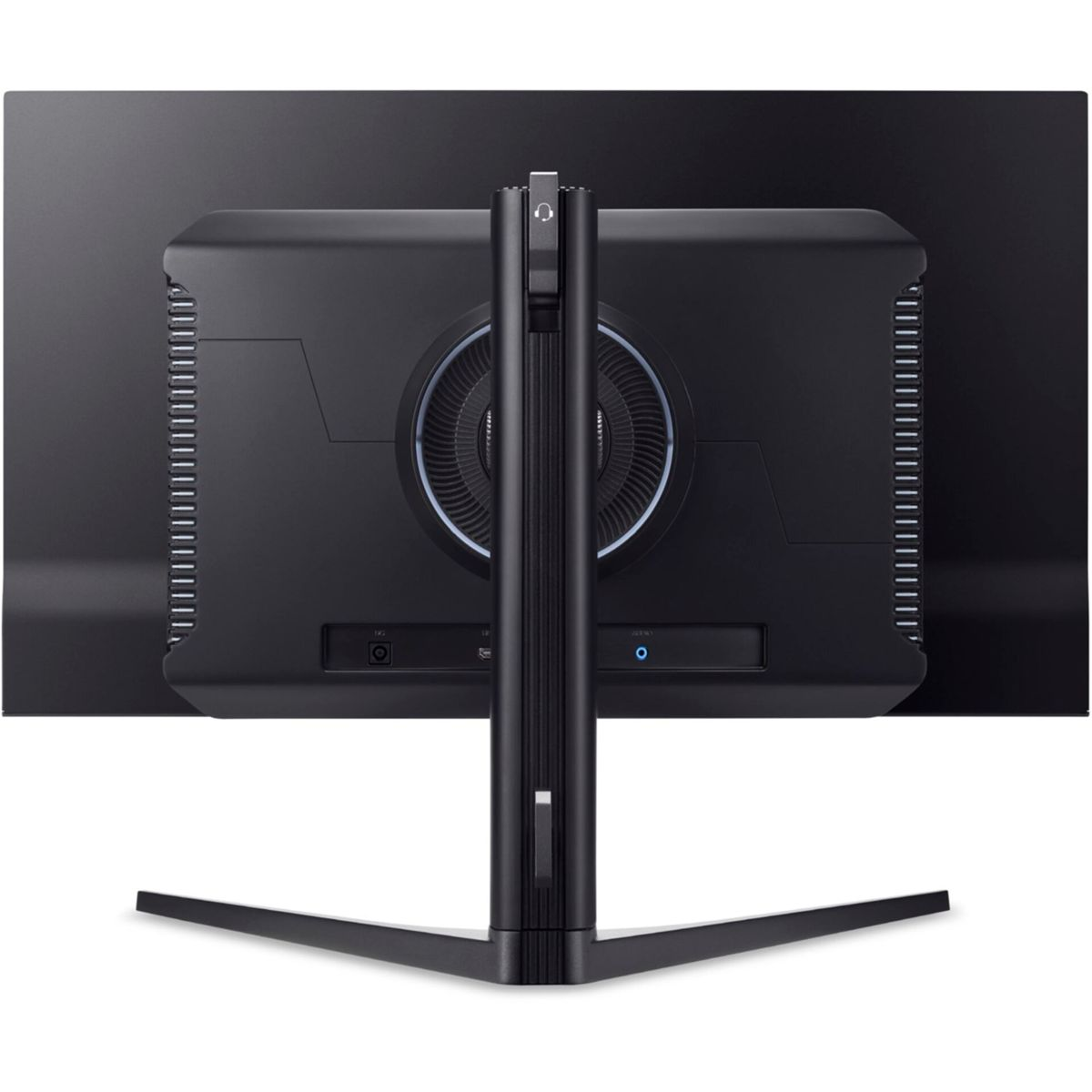 Widok z tyłu czarnego monitora komputera. Ma podstawę, centralne wsparcie i różne porty. Ekran jest ciemny.