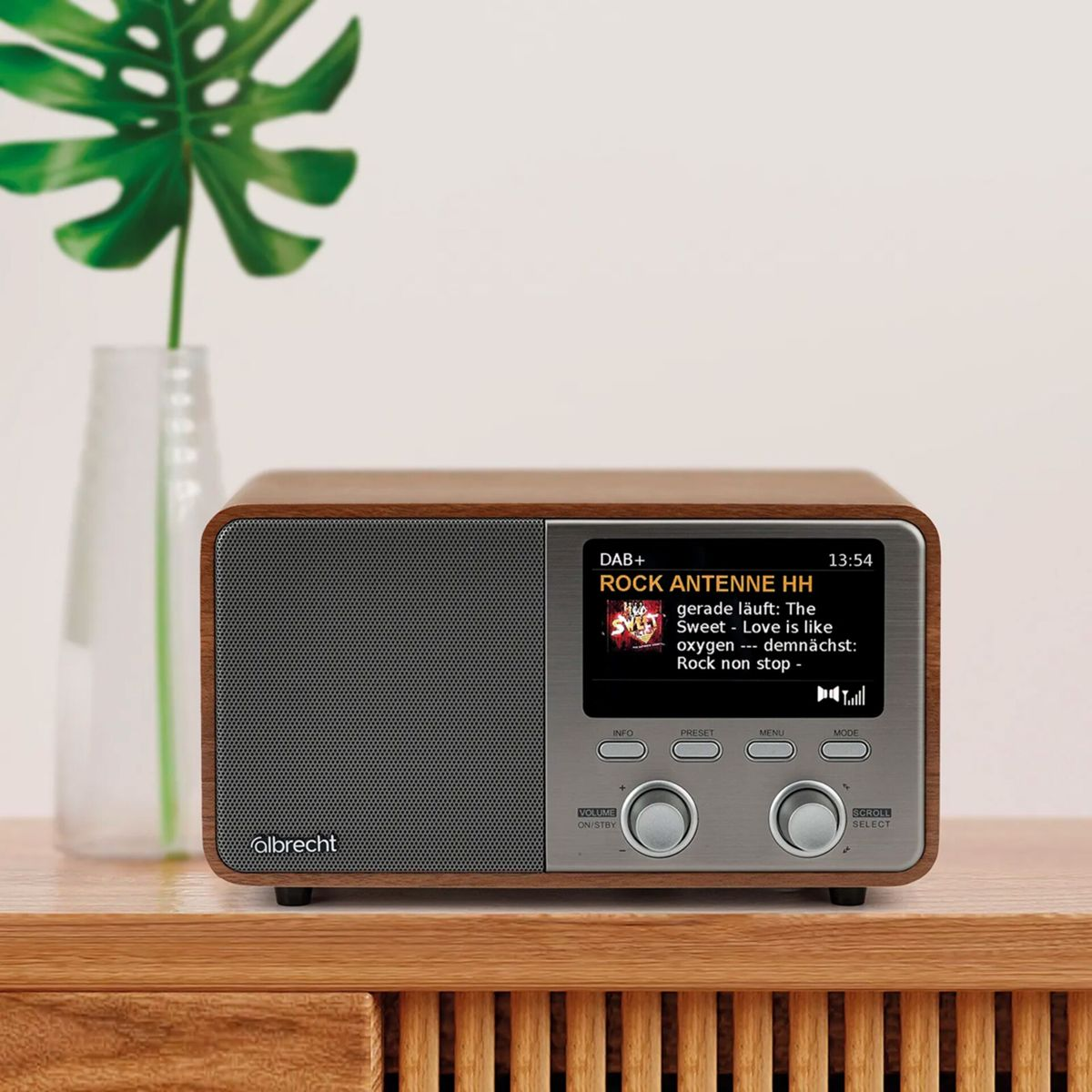 Una radio in legno con uno schermo che mostra le informazioni sulla canzone è su una superficie di legno. Un vaso con una pianta è sullo sfondo.