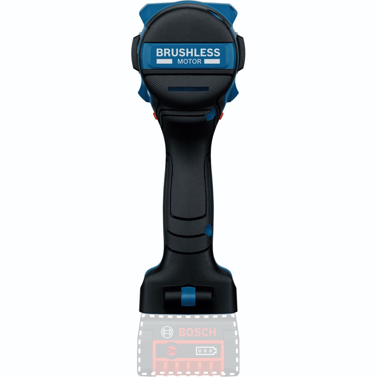 Ein blaues und schwarzes Bosch bürstenloses Motorwerkzeug. Es hat einen schwarzen Griff und eine blaue Oberseite mit dem Text 'Brushless Motor'.