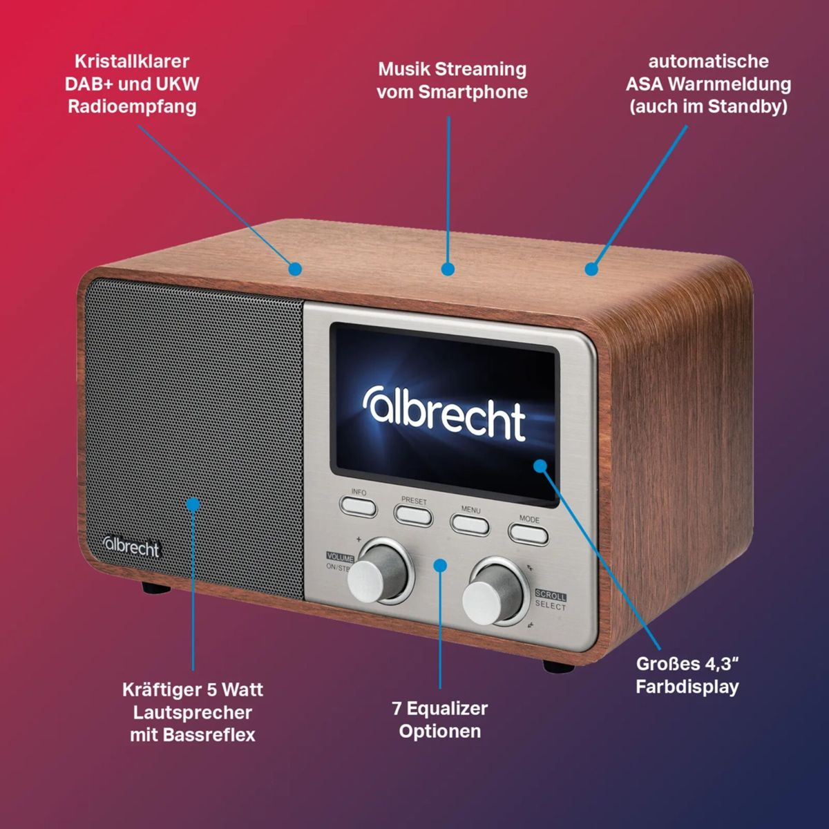 Una radio in legno e argento con schermo. Ha pulsanti e manopole. Le etichette di testo descrivono funzioni come DAB+, streaming e opzioni equalizzatore.
