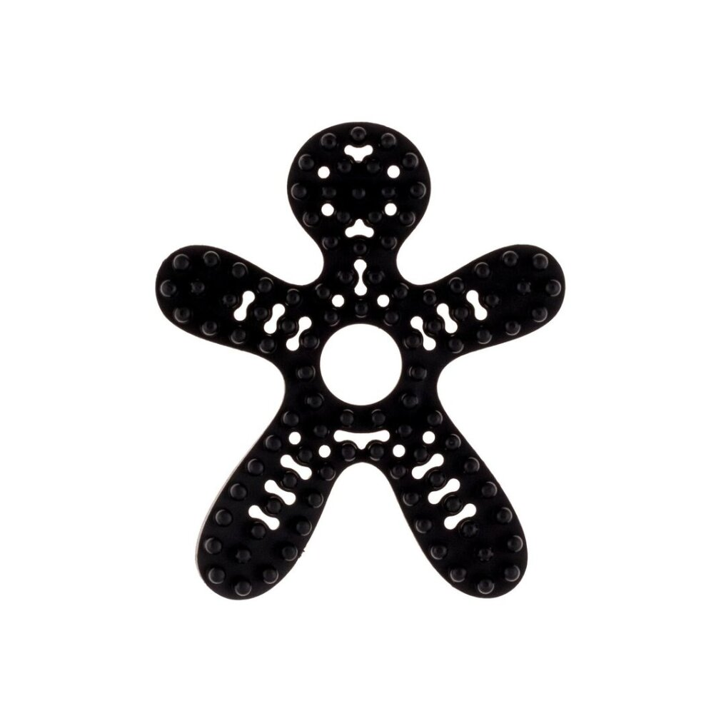 Eine schwarze, menschenförmige Gummimatte mit einem zentralen Loch und mehreren kleineren Löchern auf der Oberfläche, vor weißem Hintergrund.