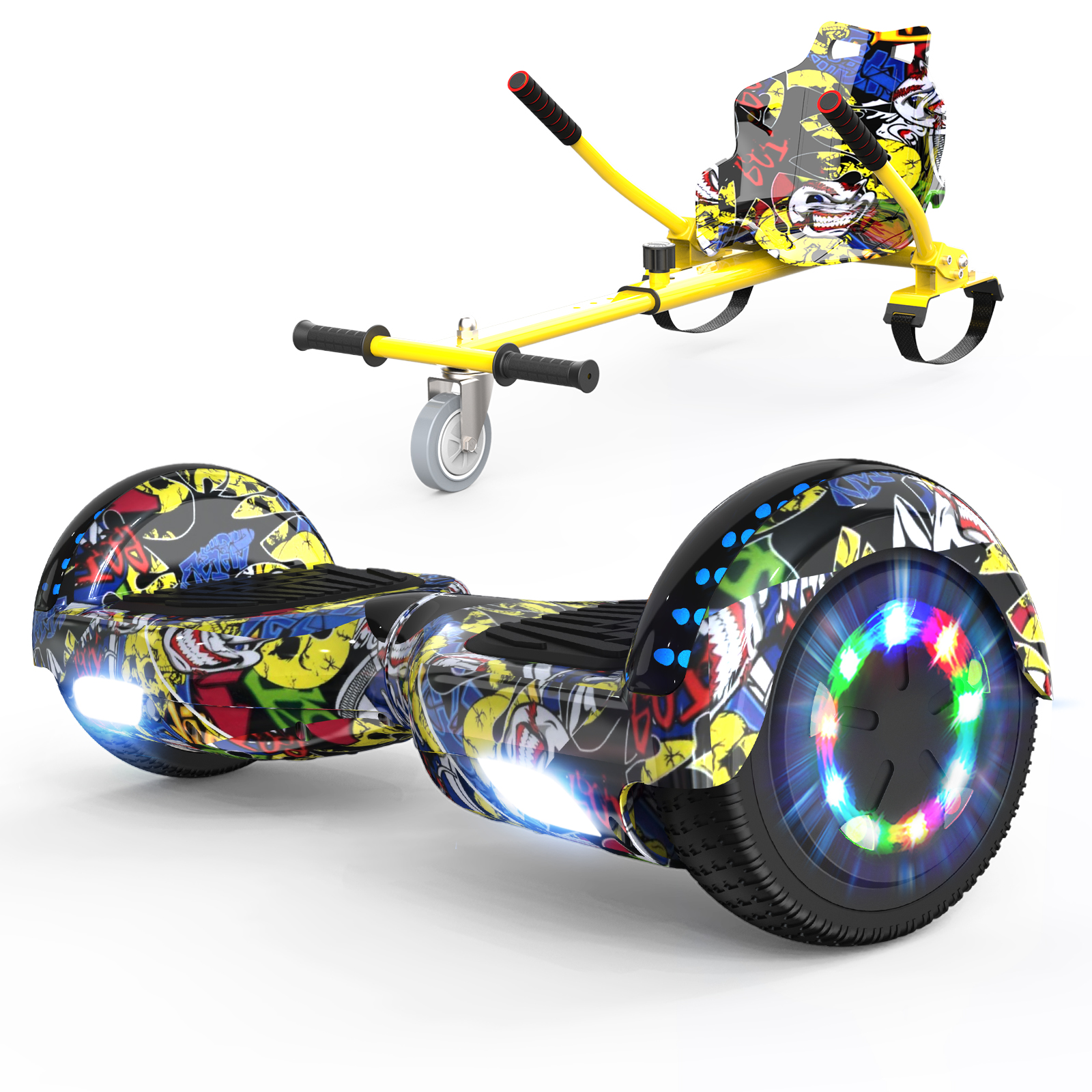 Ein Hoverboard und ein gelber Go-Kart-Aufsatz, beide mit Graffiti-Kunst. Das Hoverboard hat bunte Lichter an den Rädern.