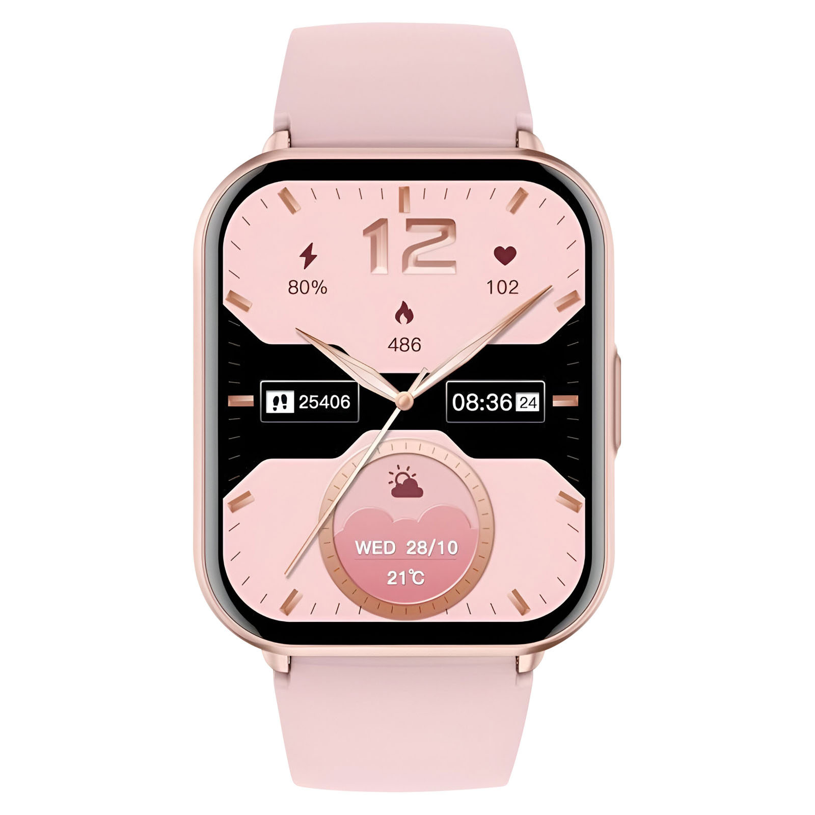 Eine pinke Smartwatch zeigt Zeit, Datum, Akku, Schritte und Herzfrequenz an. Sie zeigt 12, 80 %, 102, 486, 25406, 08:36 24 und 21°C.