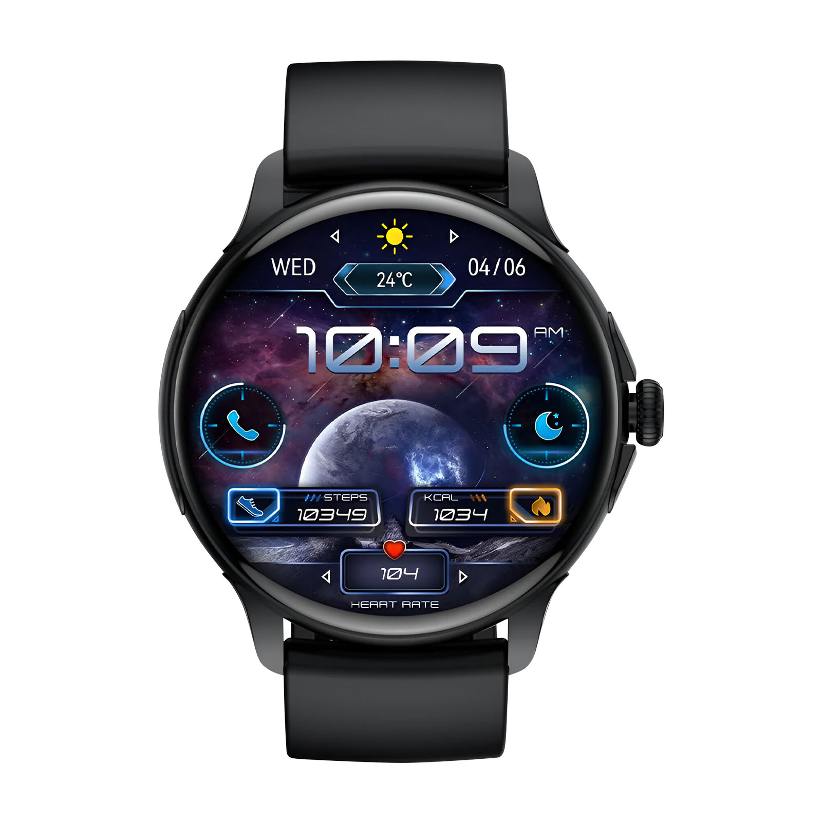 Eine schwarze Smartwatch zeigt Zeit, Datum und Gesundheitsdaten. Der Bildschirm zeigt einen Weltraum-Hintergrund. Es ist 10:09 Uhr.