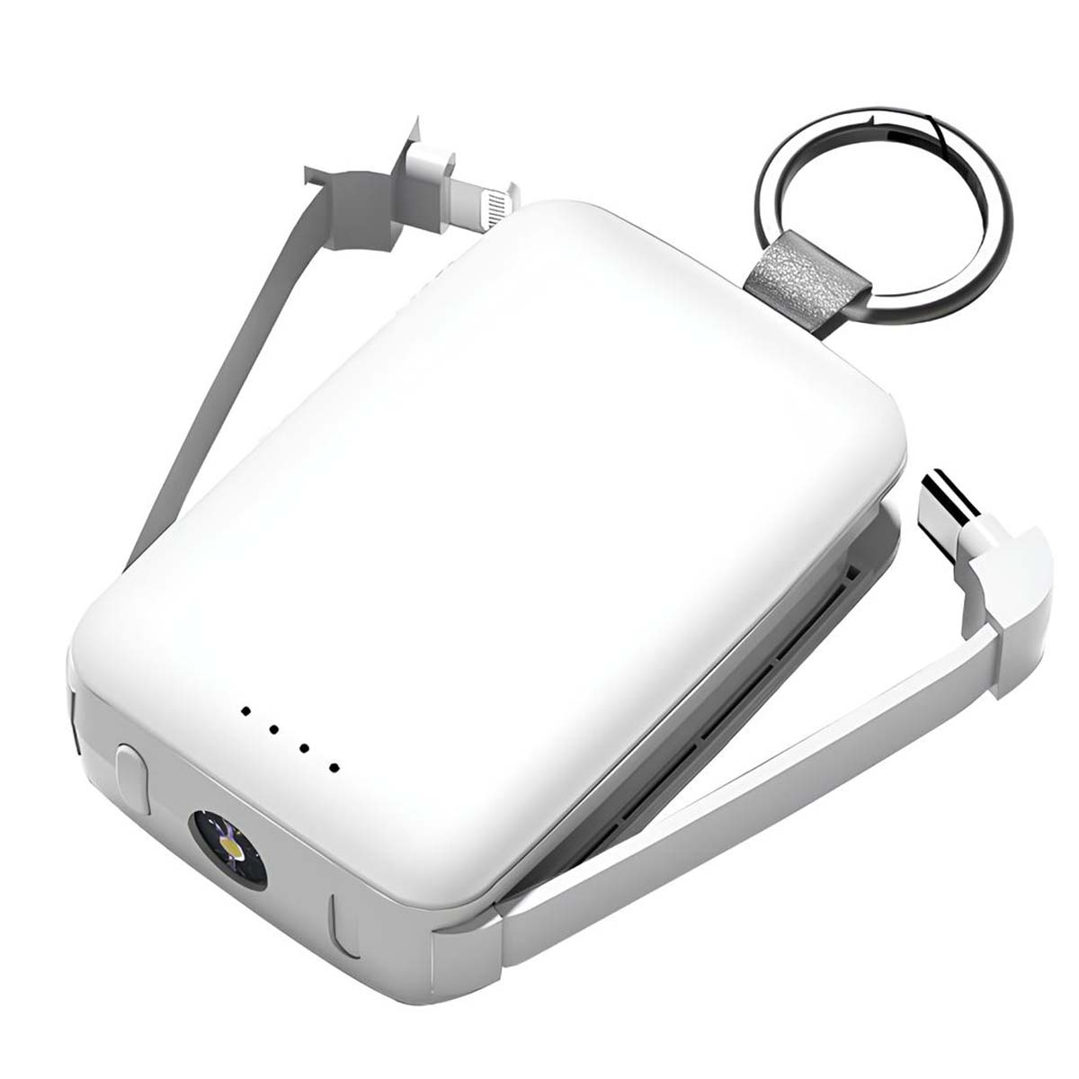 Un chargeur portable blanc avec quatre voyants lumineux, un porte-clés et des câbles de charge attachés.