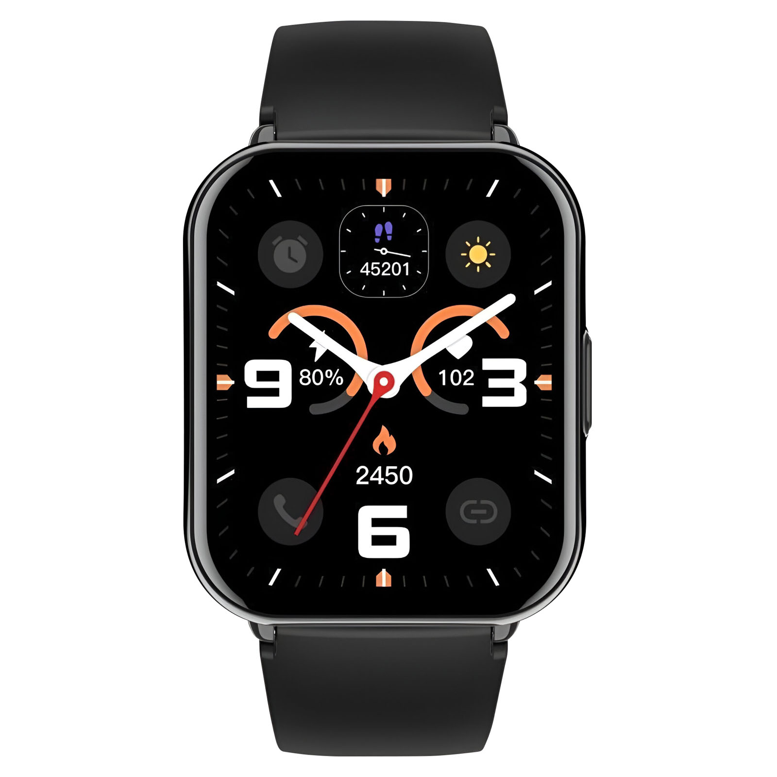 Schwarze Smartwatch mit quadratischem Display, zeigt Zeit und Gesundheitsdaten. Schwarze Armbänder. Weißer Hintergrund.