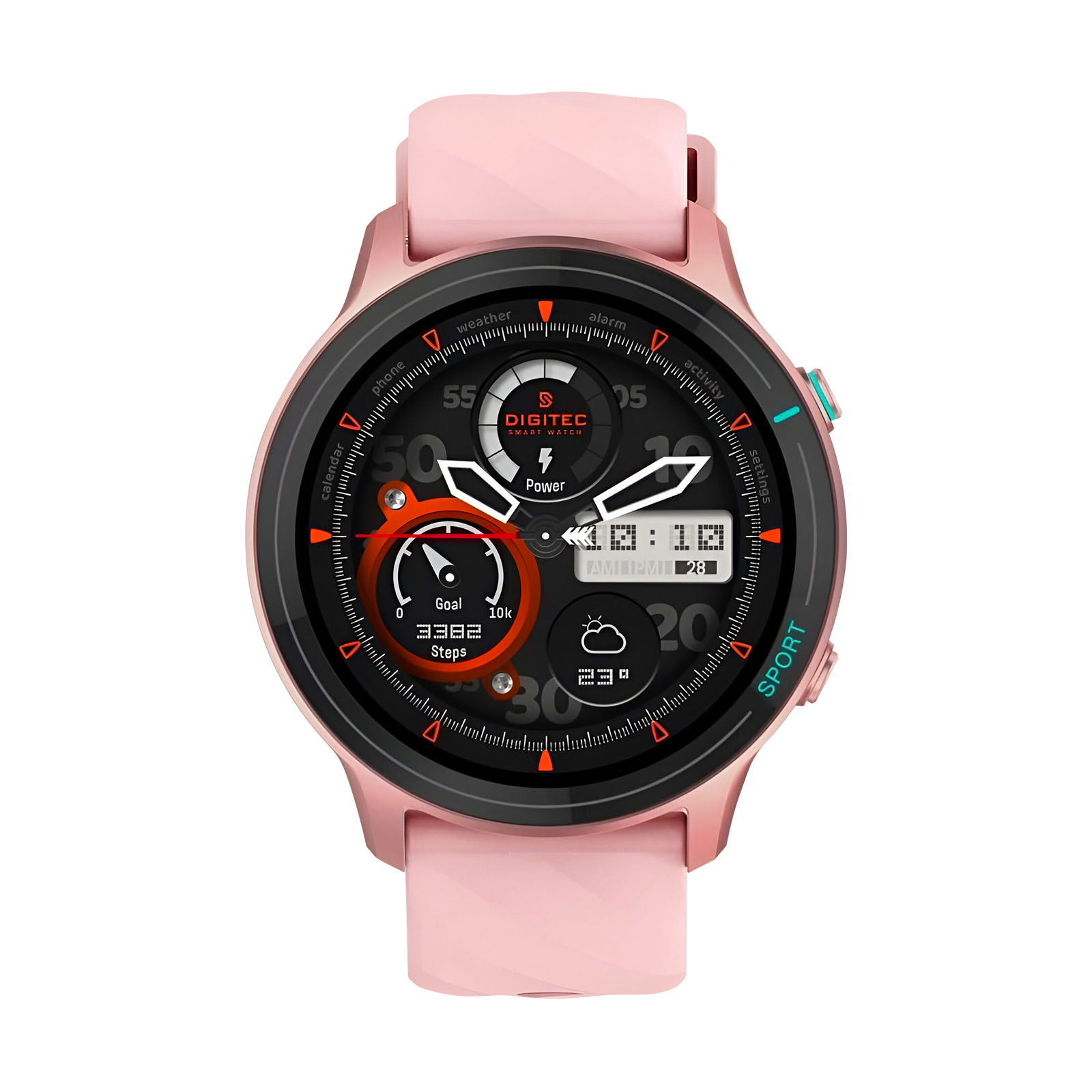 Eine roségoldene Smartwatch mit pinkfarbenem Armband. Das Zifferblatt zeigt Zeit, Schritte und andere Daten an.